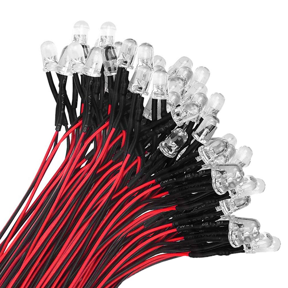 YIXISI 100 PCS 5mm LED Diodes Light, Emitting Diode, Round Head LED Lamp, Ultra Bright 12V, 20cm Pre Wired, Red