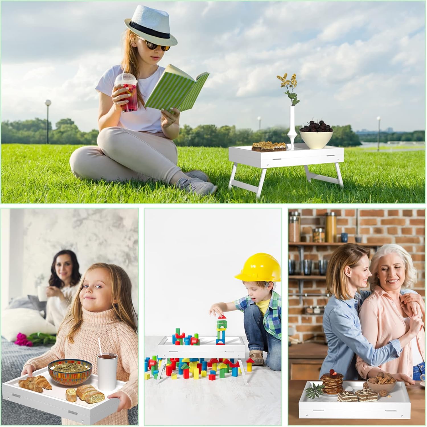 Bed Tray Table Breakfast Food Tray with Folding Legs Serving Tray for Computer Laptop Desk Bed Platters TV Snack Tray by Artmeer (White, Medium)