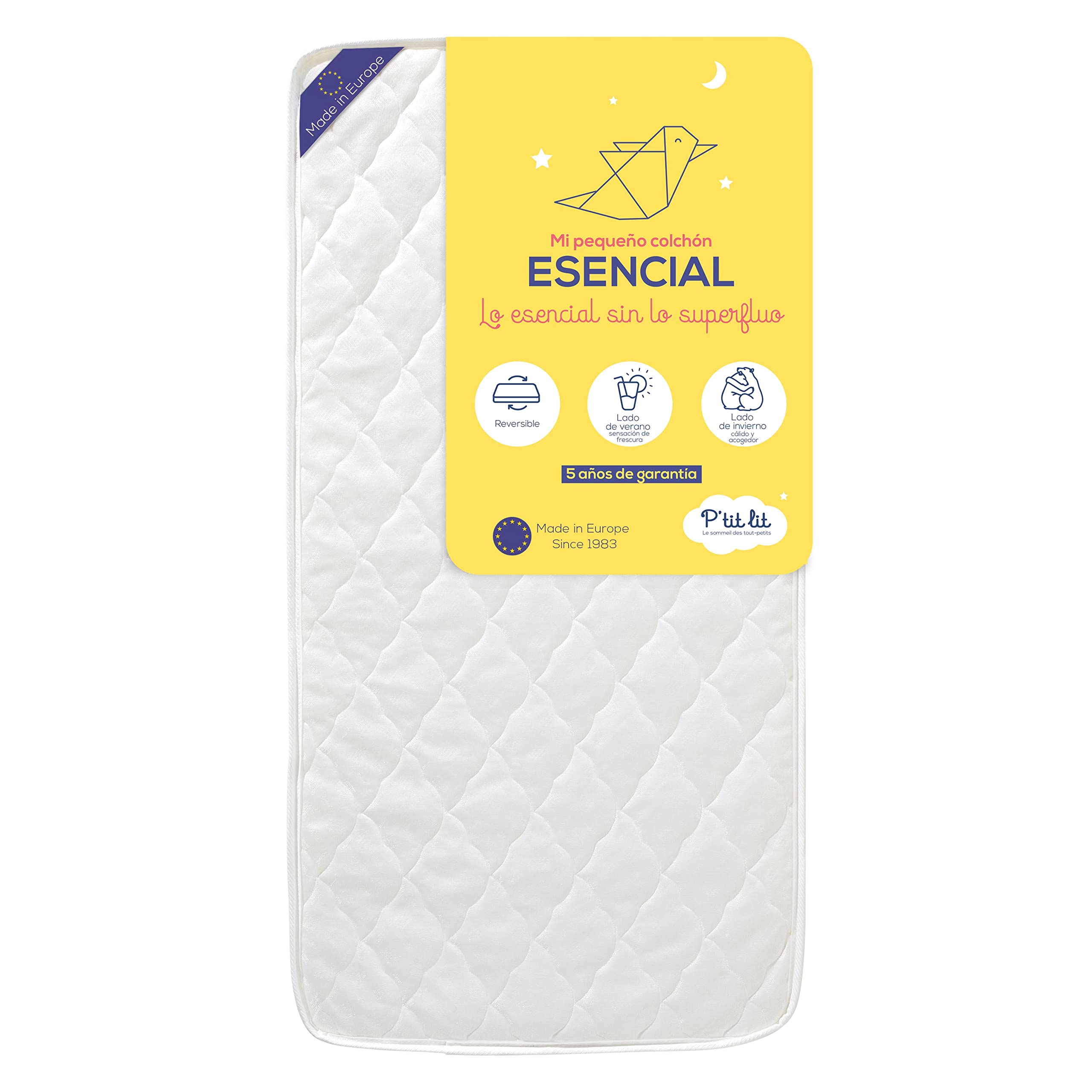 P'TIT LIT - Colchón de bebé Esencial - 60x120 cm - Climatizado: 1 Lado Verano / 1 Lado Invierno - OekoTex® - Hecho en Europa
