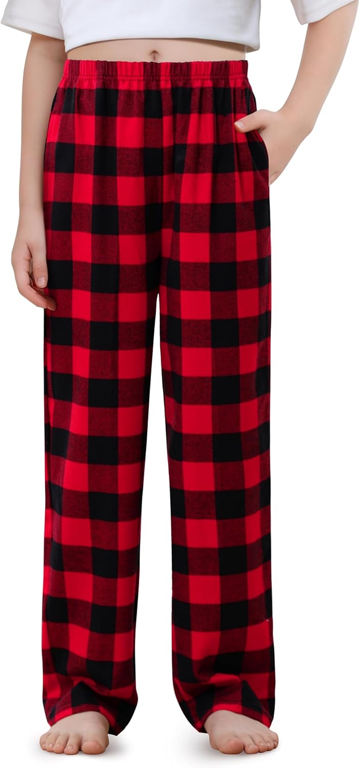 IHU Cotton Girls Pajama Pants Soft Flannel Woven Kids Pj Bottoms Plaid Lounge Pants Sleepwear with Pockets