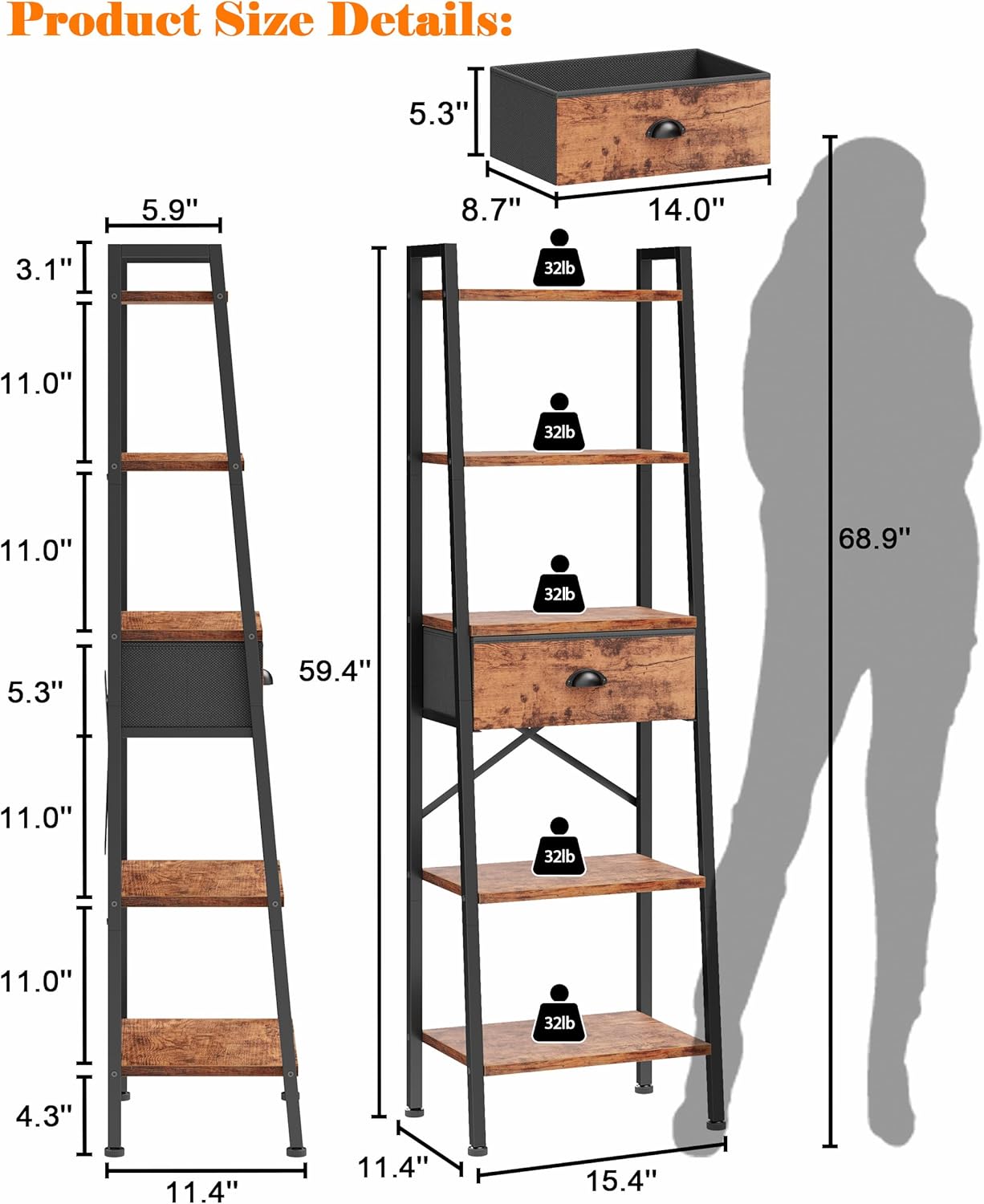 Furologee 5 Tier Ladder Shelf, Tall and Narrow Bookshelf with Drawer,Standing Bookcase Units, Industrial Open Display Shelves Organizer for Bathroom,Kitchen,Bedroom,Living Room,Rustic Brown - Image 3