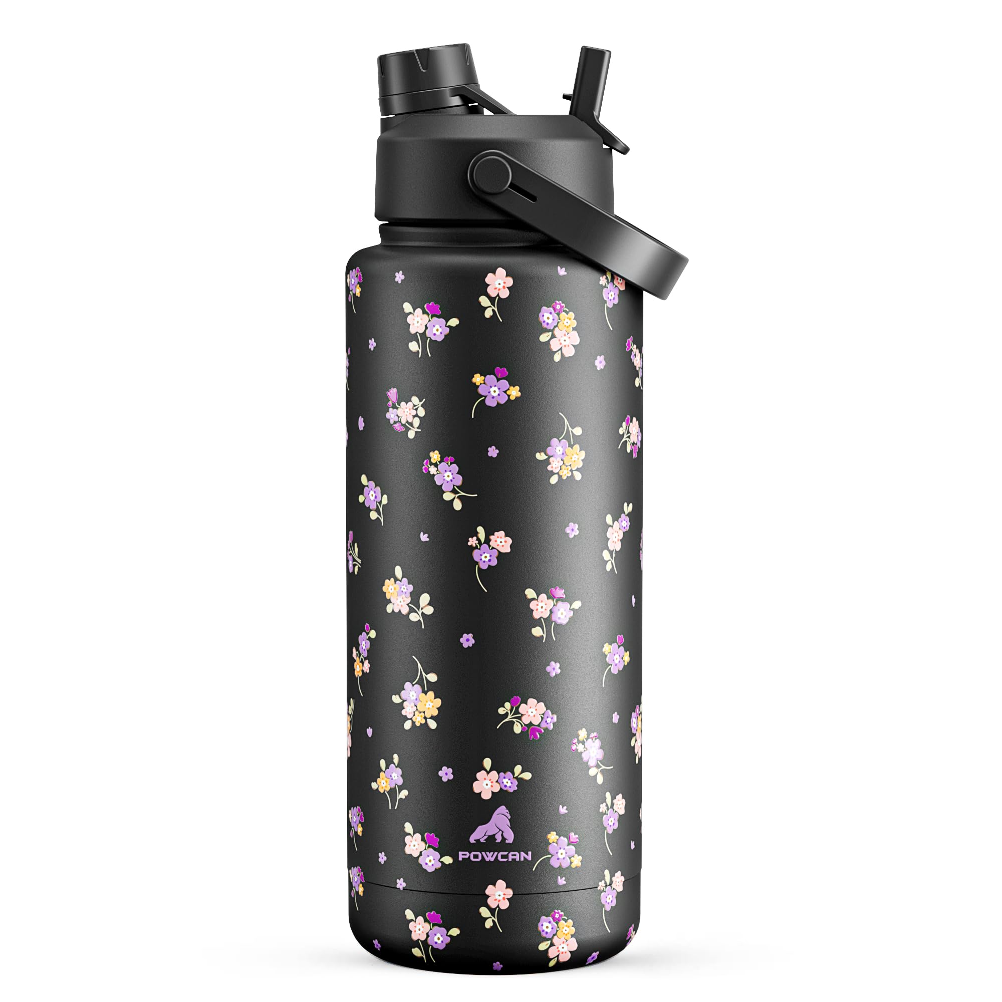 POWCAN 40 oz Insulated Water Bottle with 2-in-1 Straw and Spout Lid, Keep Cold 24H, Leak-Proof, BPA-Free, Double Wall Stainless Steel Water Bottle for Sports, Gym, Trip, School (Wildflower After Dark)
