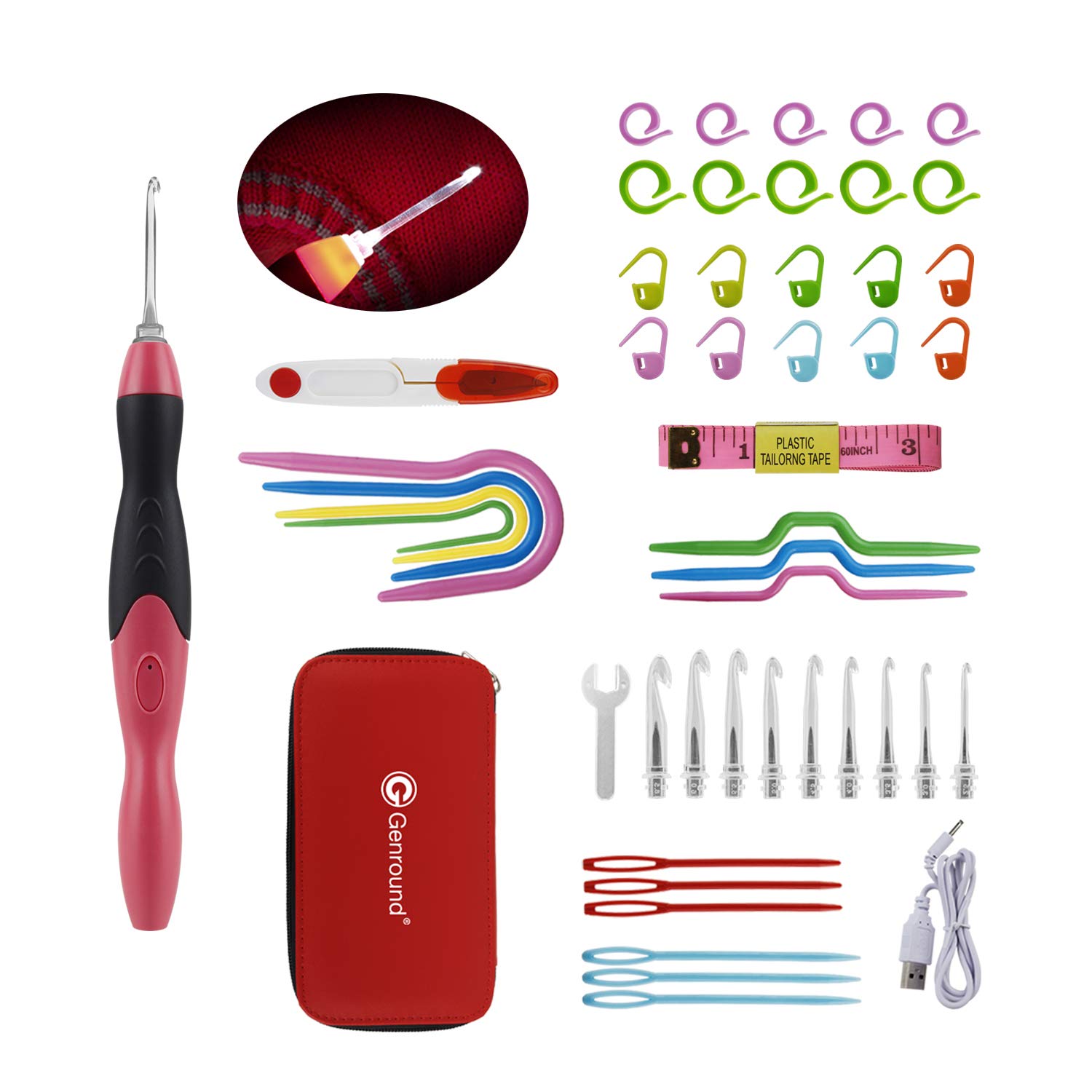 Genround DIY Lighted Crochet Hooks, 46pcs LED Lighted Crochet Hooks Set with Case, Rechargeable Light Up Crochet Hooks, Interchangeable Heads 2.5 mm to 6.5 mm for DIY Craft Supplies, Knitting Needles