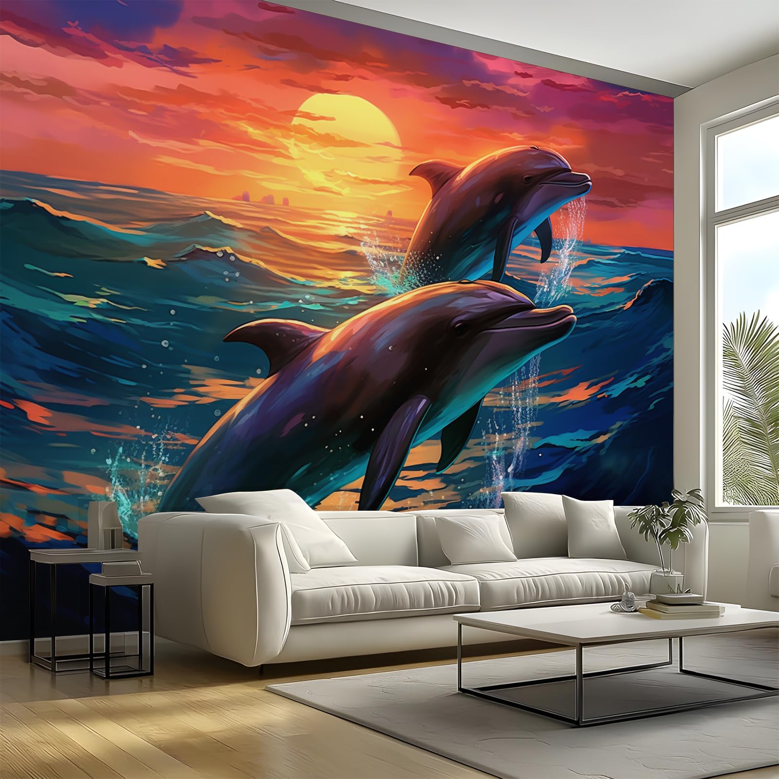 Sunset Sea Photo Wallpaper, 3D Dolphin Wall Mural, Peel and Stick Wall Murals, Large Photo Wallpaper for Living Room Bedroom Dormitory Hotel Themed Rooms 300 x 256 cm — image 1
