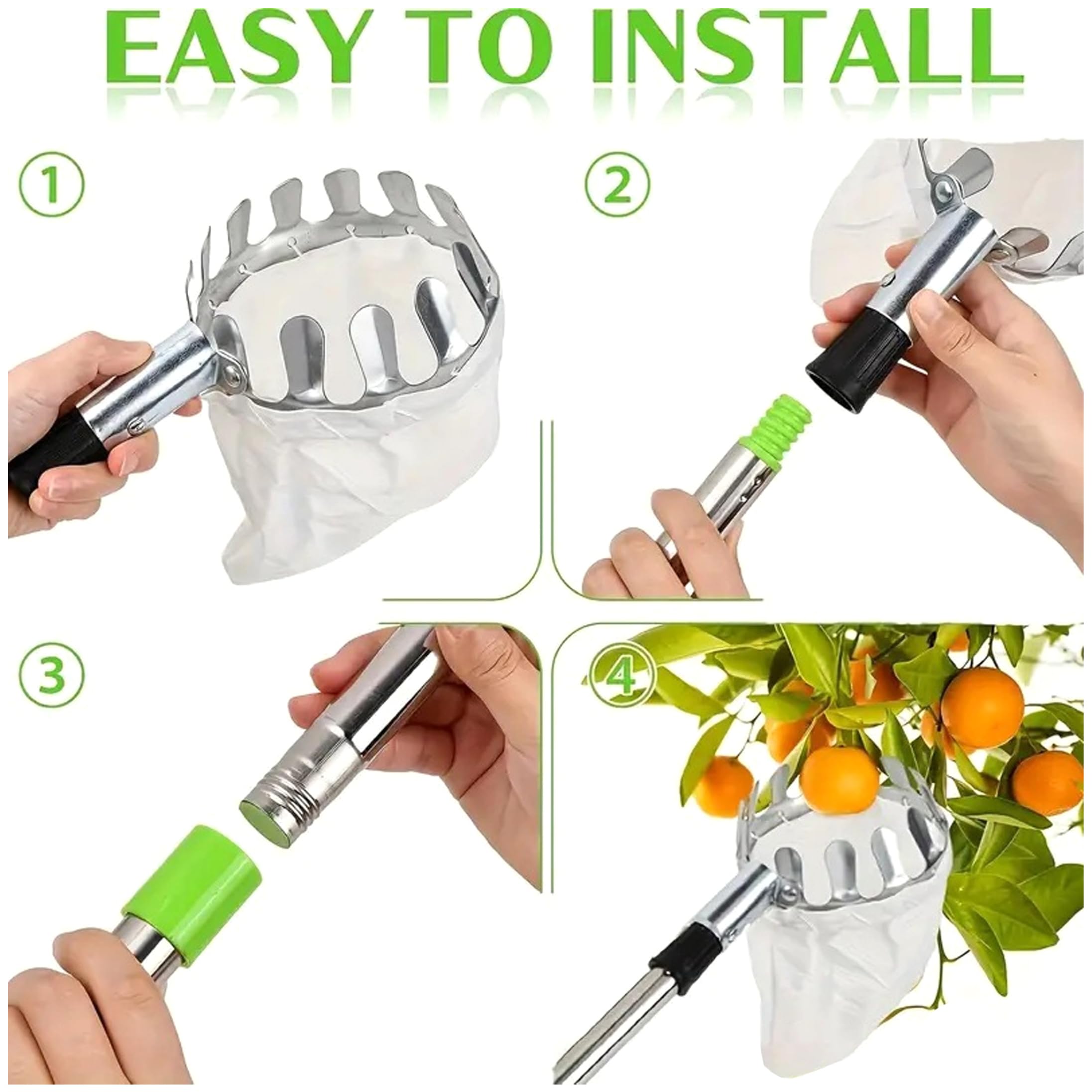 Recogedor de Frutas, Poste recolector de Frutas telescópico de 10 Secciones con Cesta: se extiende hasta 4 m/13, 12 pies, portátil para Manzanas, ciruelas, Plateado y Verde