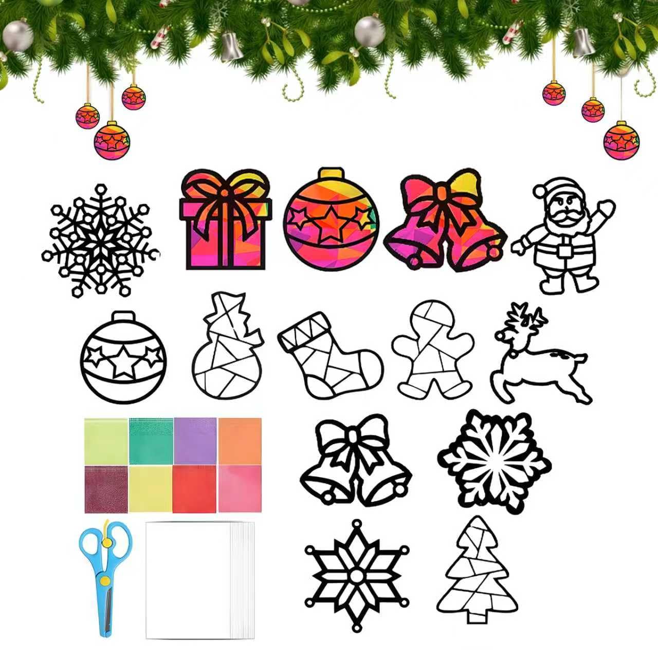 Bastelset Weihnachten, 12 Stück Fensterbilder Set, Basteln Weihnachten, Sonnenfänger Bastelset, Weihnachtsbasteln DIY Bastelset Geschenk für Fensterbilder Weihnachtendeko (D)