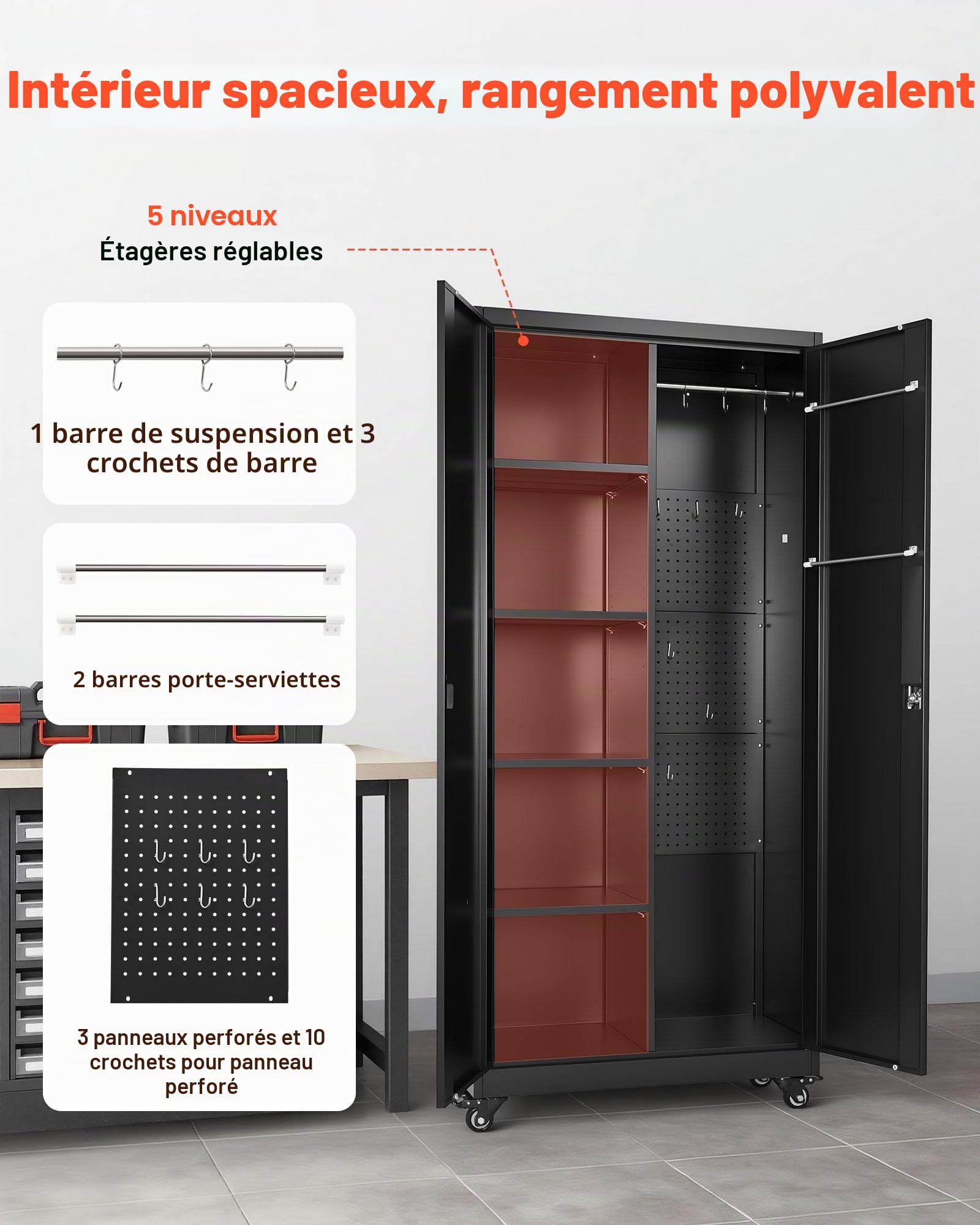 VEVOR Armoire Métallique 179,5 cm 5 Niveaux, Meuble de Rangement en Acier Verrouillable, pour Outils Atelier Bureau, sur roulettes, avec Étagères Réglables, 2 Portes Magnétiques, Tringles et Crochets