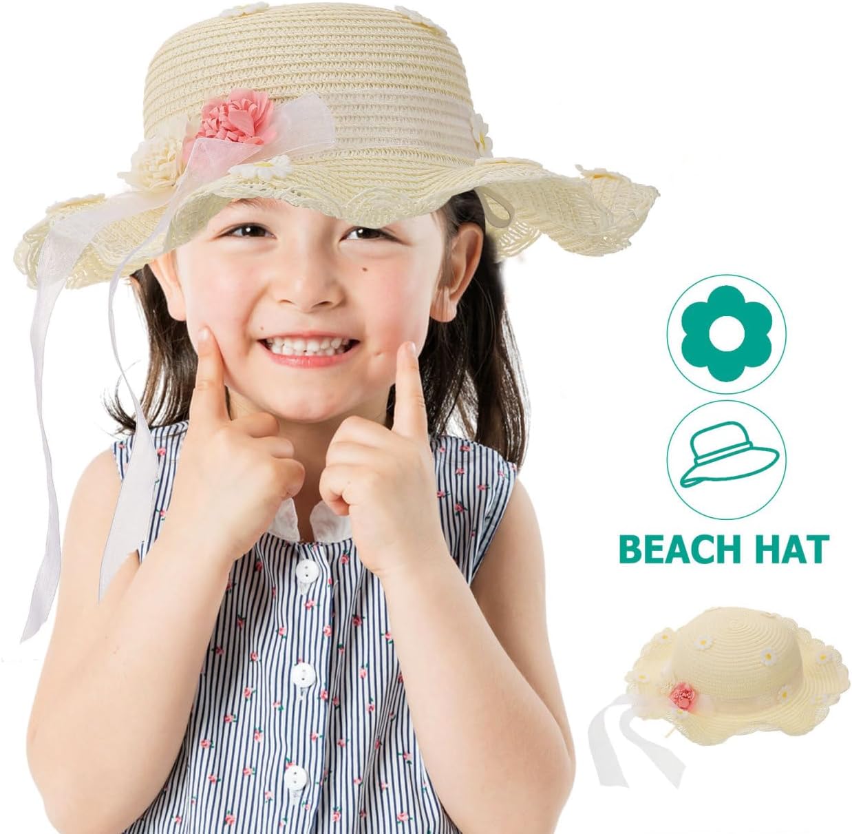 Daisy Straw Hat Bag Set Girls Straw Sun Hat Daisy Pattern Cute Floral Design for Kids Summer Beach Fun 5.51x4.33x0.78 Inches Milky White - Image 2