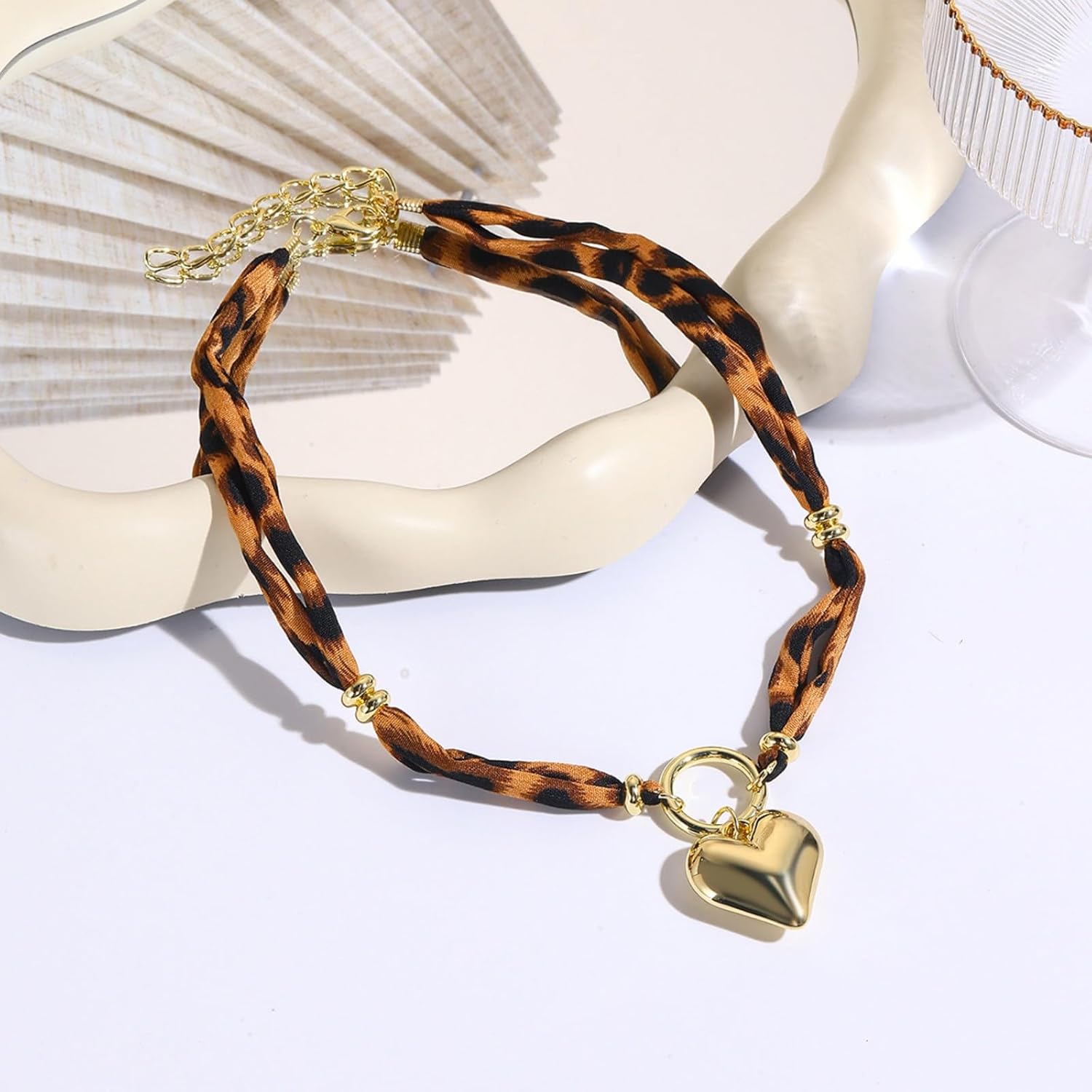 Scarf Necklace with Charm Bohemian Leopard Necklace Dainty Gold Heart Rhinestone Bandana Choker Fashion Jewelry Gift for Beach Vacations Weddings - Image 5