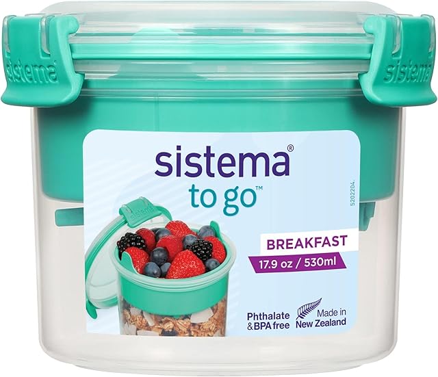 Sistema Breakfast TO GO | Food Storage Container with Compartments & Spoon | 530 ml | BPA-Free | Assorted Colours