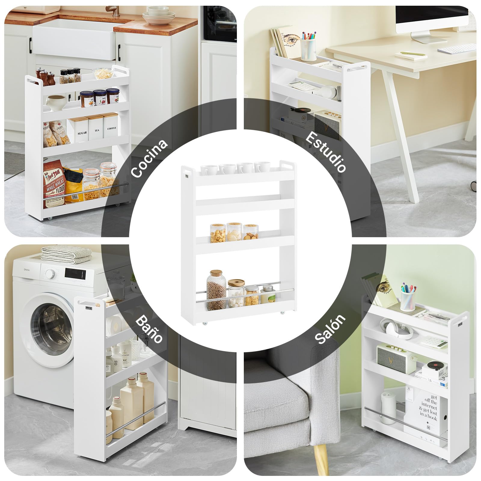 SoBuy Carro Auxiliar con Ruedas, 18cm, extraíble, 4 Niveles, 60x82x18cm | Estante Salvaspacio 4 niveles, asa & barra anticaída, carga 5 kg/nivel, fácil limpieza, MDF, cocina & baño & entrada, NSR01-W