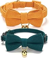 Ewinoom 2-Pack Soft Corduroy Cat Collars with Removable Bow Tie & Bell - Adjustable Breakaway for Kittens, Sensitive Skin Friendly (Orange & Green)
