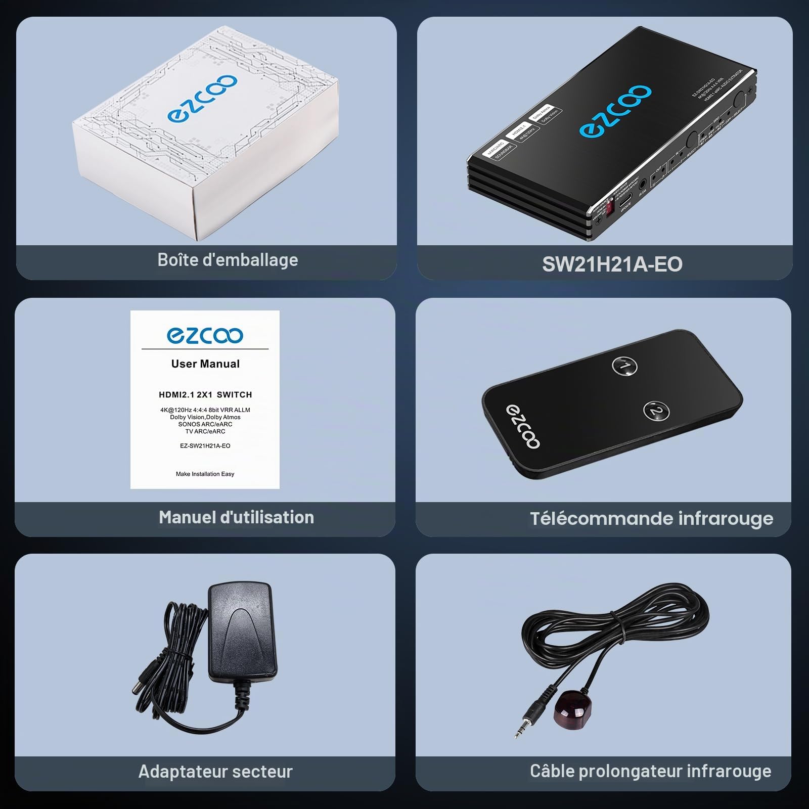 Extracteur Audio HDMI 2.1 eARC 4K 120 Hz 2 x 2 VRR ALLM HDCP2.3 Arc HDR10 CEC SPDIF Optique et Sortie Audio 3,5 mm, commutateur HDMI 2 entrées 2 Sorties IR télécommande Dolby Digital EDID pour PS5