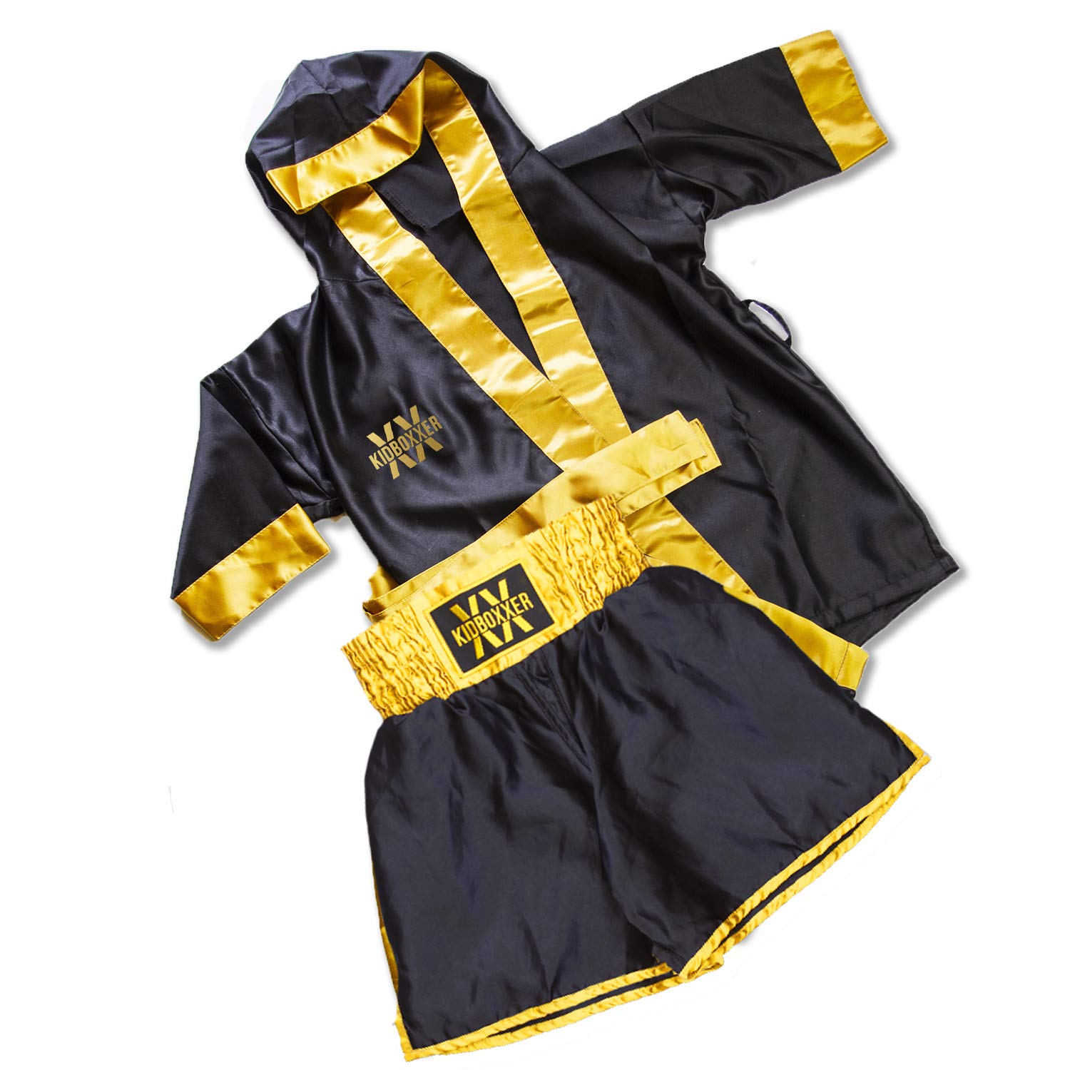 KidboXXer Peignoir De Boxe Enfant Noir/Doré - Satin Léger - Taille 12 Mois à 14 Ans