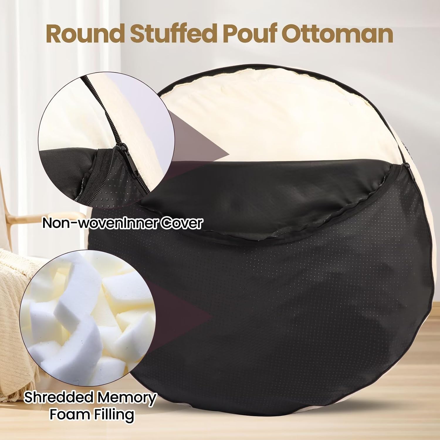 Round Pouf Ottoman Foot Rest with Foam Chunk Filling, Corduroy Ottomans for Living Room Floor Poufs (20"x15",Beige)