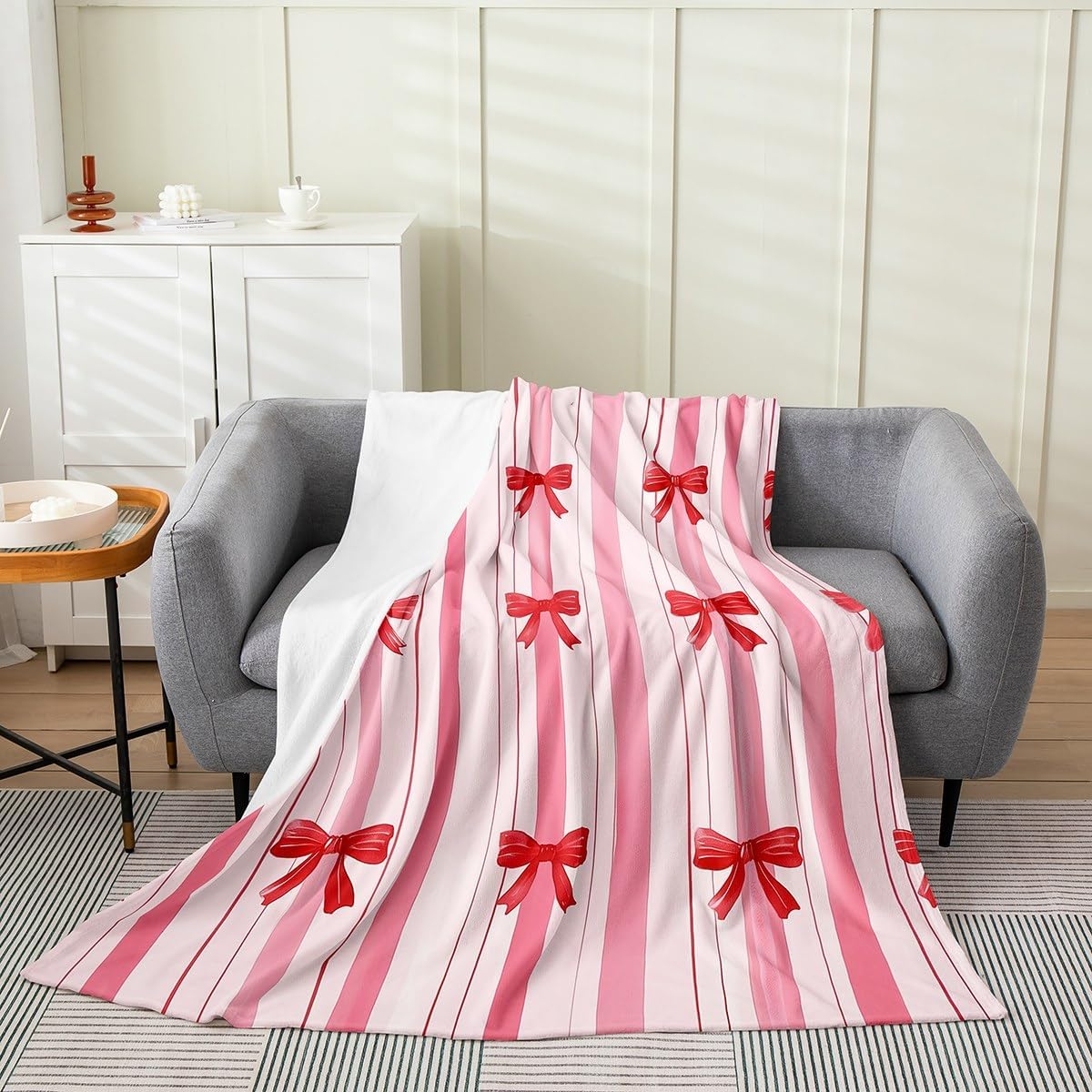 Feelyou Red Bow All Season,Bed Blanket for Sofa Couch Kids Woman Throw 50"x60" Cute Coquette Bow Knot Plush Throw Blanket, Ultra Soft Bow Decor Flannel Fleece Blanket Bow Stripe Pattern Room Decor