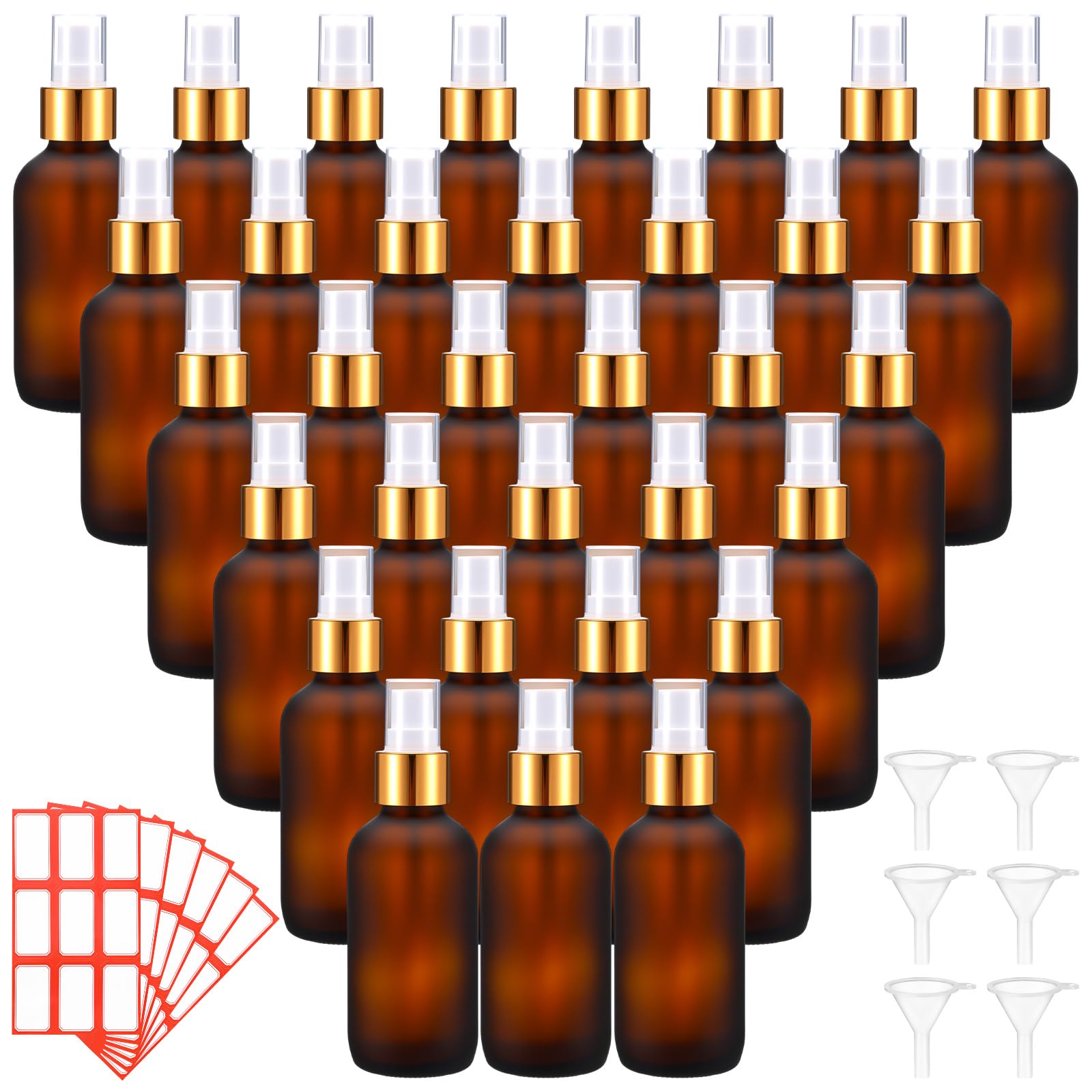 Fumete 36 Pcs Glass Spray Bottles 4oz Fine Mist Glass Spray Bottle Refillable Liquid Containers with 6 Labels 6 Funnel for Hair Travel Plants Cleaning