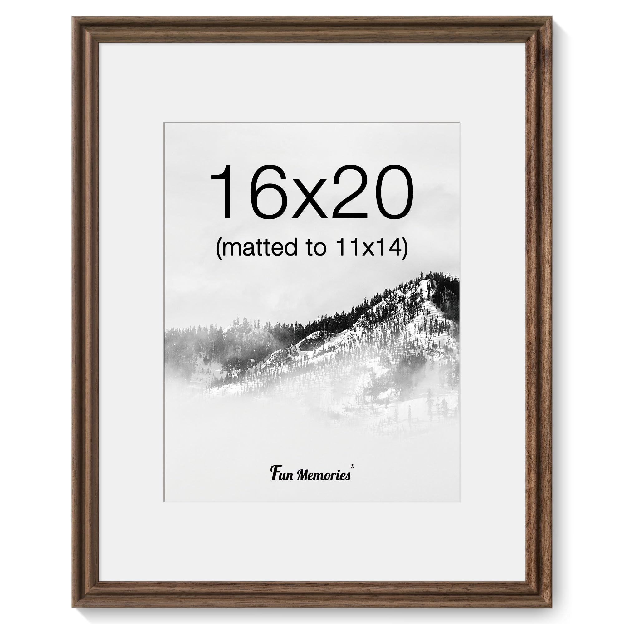 16 x 20 Picture Frame, USA-Sourced Walnut Wood Frame Wall Mounted, 16x20 Poster Frame with Real Glass, 16" x 20" Picture Frame Matted to 11x14 Photo for Vertical & Horizontal Hanging, 1 Pack