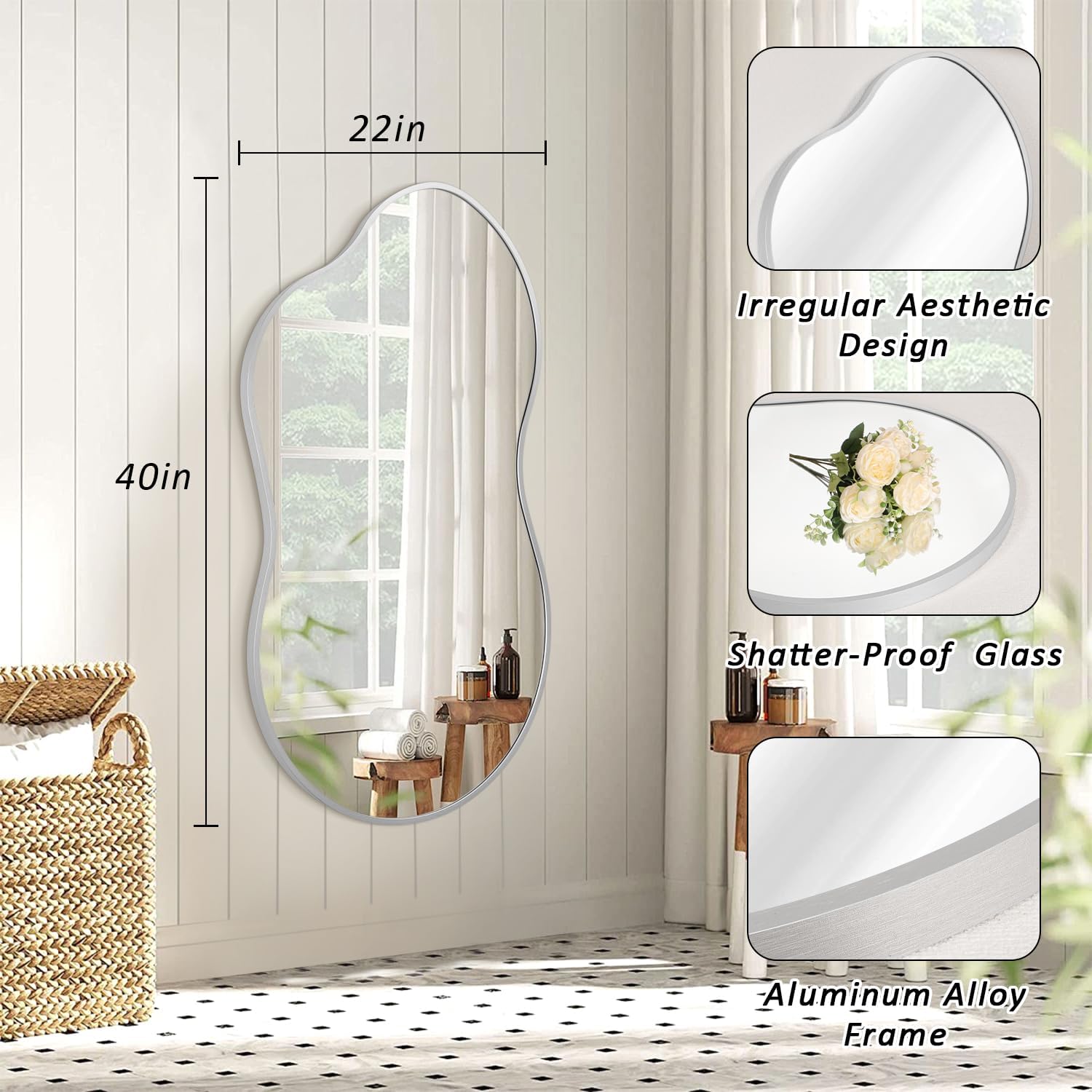 JJUUYOU Bathroom Wall Mirror Irregular Mirrors for Wall Large Brushed Metal Frame 22"x40" Vanity Wall Mounted Mirror for Living Room Bedroom Entryway Vanity Home Decor Silver