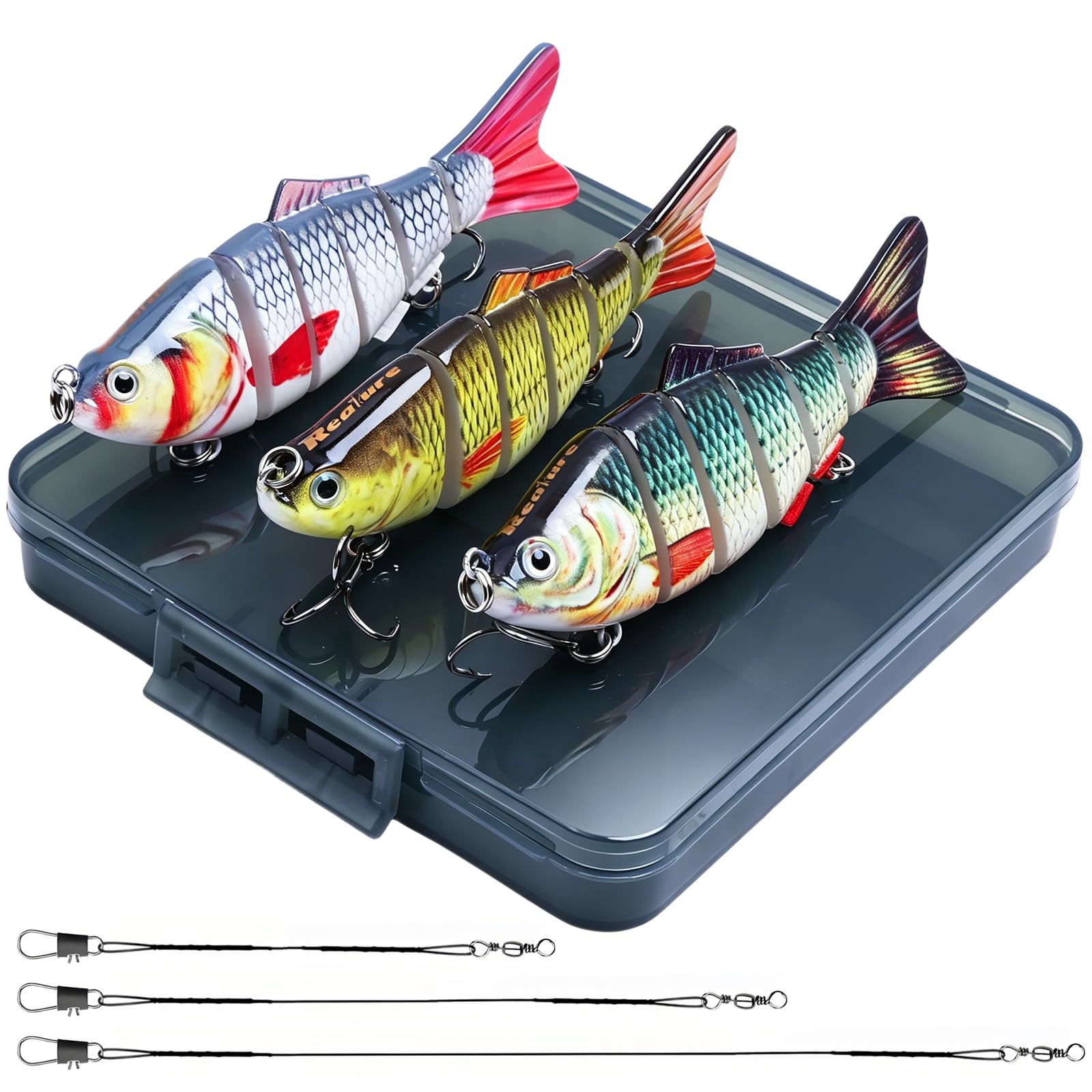 Realure 3 Pcs Multi Jointed Pike Fishing Lures with 15cm 25cm 30cm Wire Traces Pike Lures Sets 3D Artificial Lures with Hooks Slow Sinking Lure with Wobbler for Freshwater Saltwater(E, 10.2cm 14g)