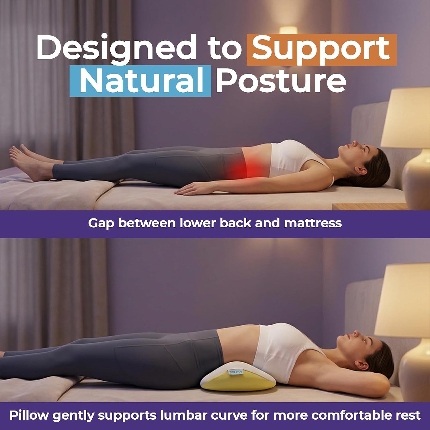 Lumbar Support Pillow for Sleeping, 22 Inch Memory Foam Lower Back Pillow for Bed, Ergonomic Sleep Cushion for Side and Back Sleepers, Pregnancy, Washable Cover, CertiPUR-US Certified