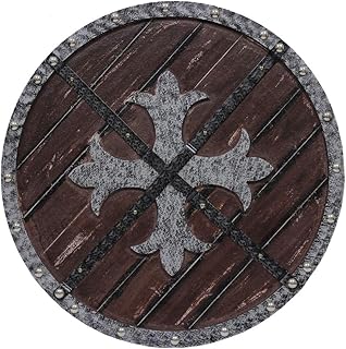 Knights Templar Roman Crusader Medieval Cross Fleury Warrior Wooden Round Shield Brown, Grey