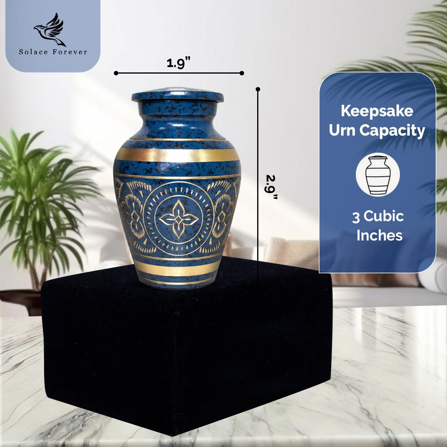 Small Urns for Human Ashes – Brass Hand-Engraved Funeral Keepsake with Elegant Blue Finish – Mini Cremation Memorial for Mom, Dad & Loved Ones