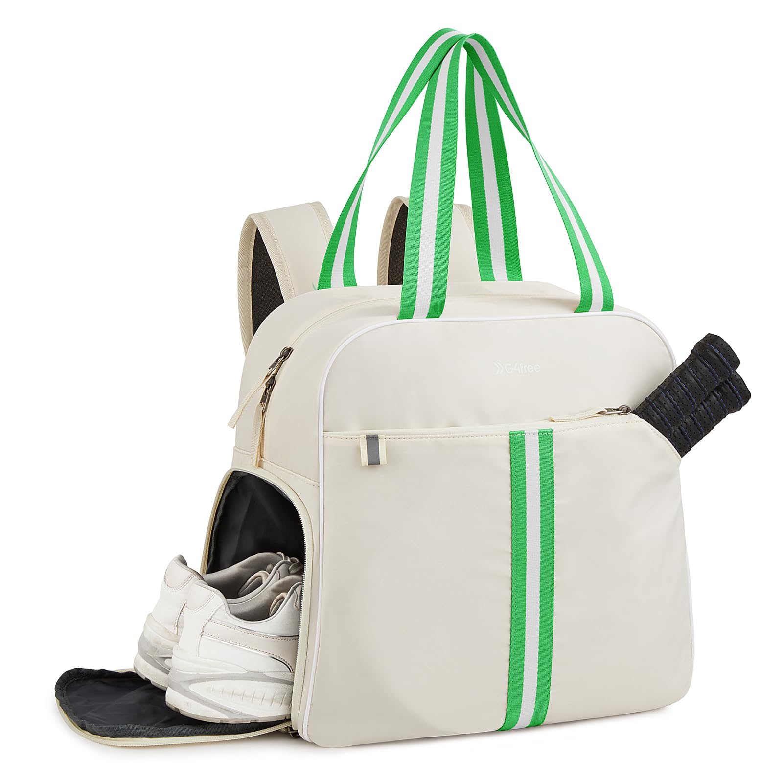 G4Free Large Pickleball Bag Tote for Women and Men, Tennis Bag Backpack Holds 2 Rackets with Shoe Compartment (Off-White with Green Webbing)