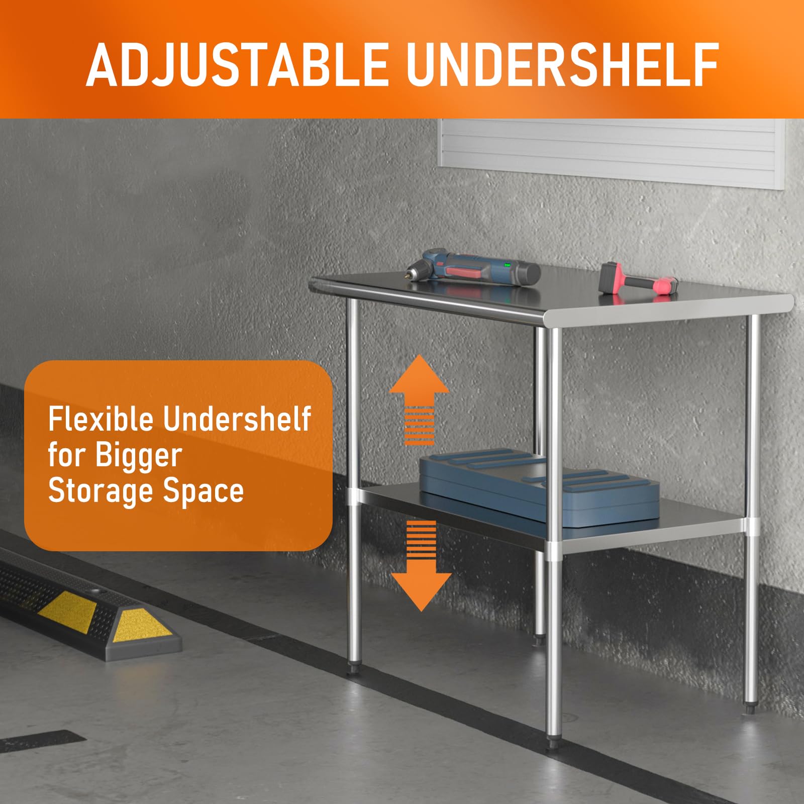 Mesa de acero inoxidable para preparación de alimentos y trabajo, mesa de utilidad de 24 x 36 pulgadas con estante inferior ajustable, estación de trabajo comercial en cocina, garaje