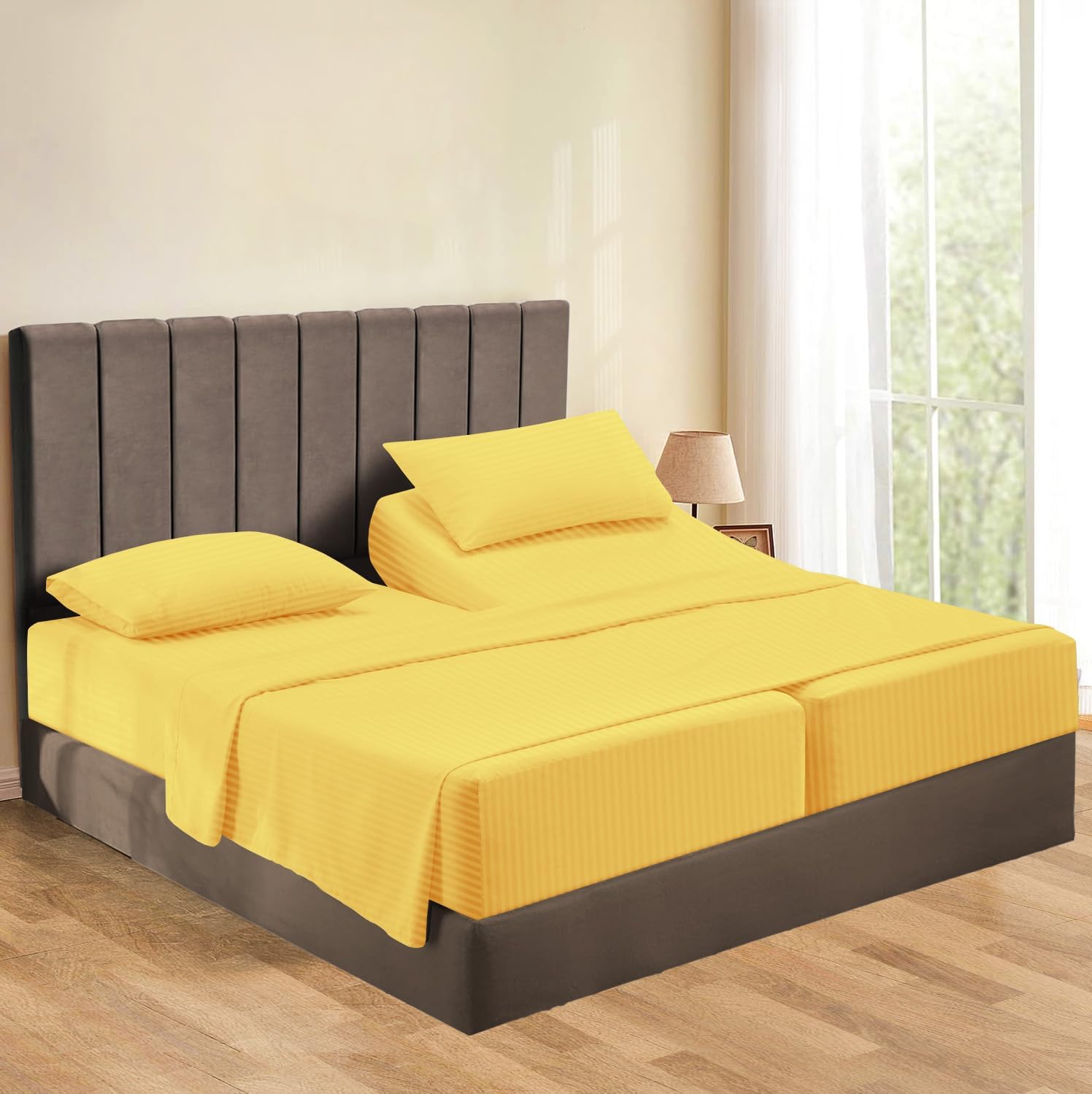 Split Queen 5 Piece Sheet Set for Adjustable Bed - Percale Weave 100% Cotton, Breathable Luxury Sheets Fits 7-9" Deep Pocket (Stripe, Silver Grey)