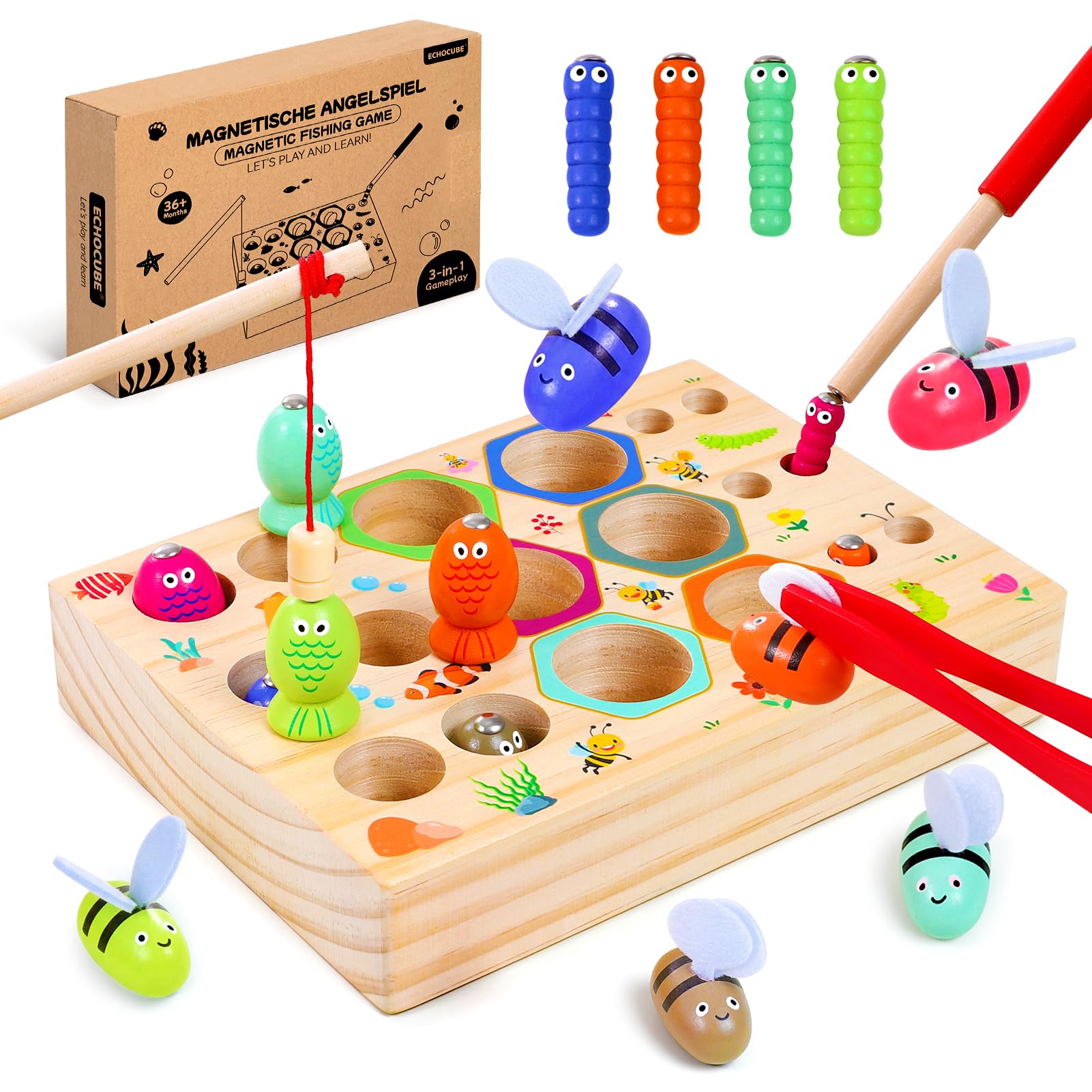 Jeu de pêche magnétique 3 en 1 en bois pour enfants, jouet Montessori éducatif, cadeau d'anniversaire ou de Noël pour garçons et filles de 3 ans