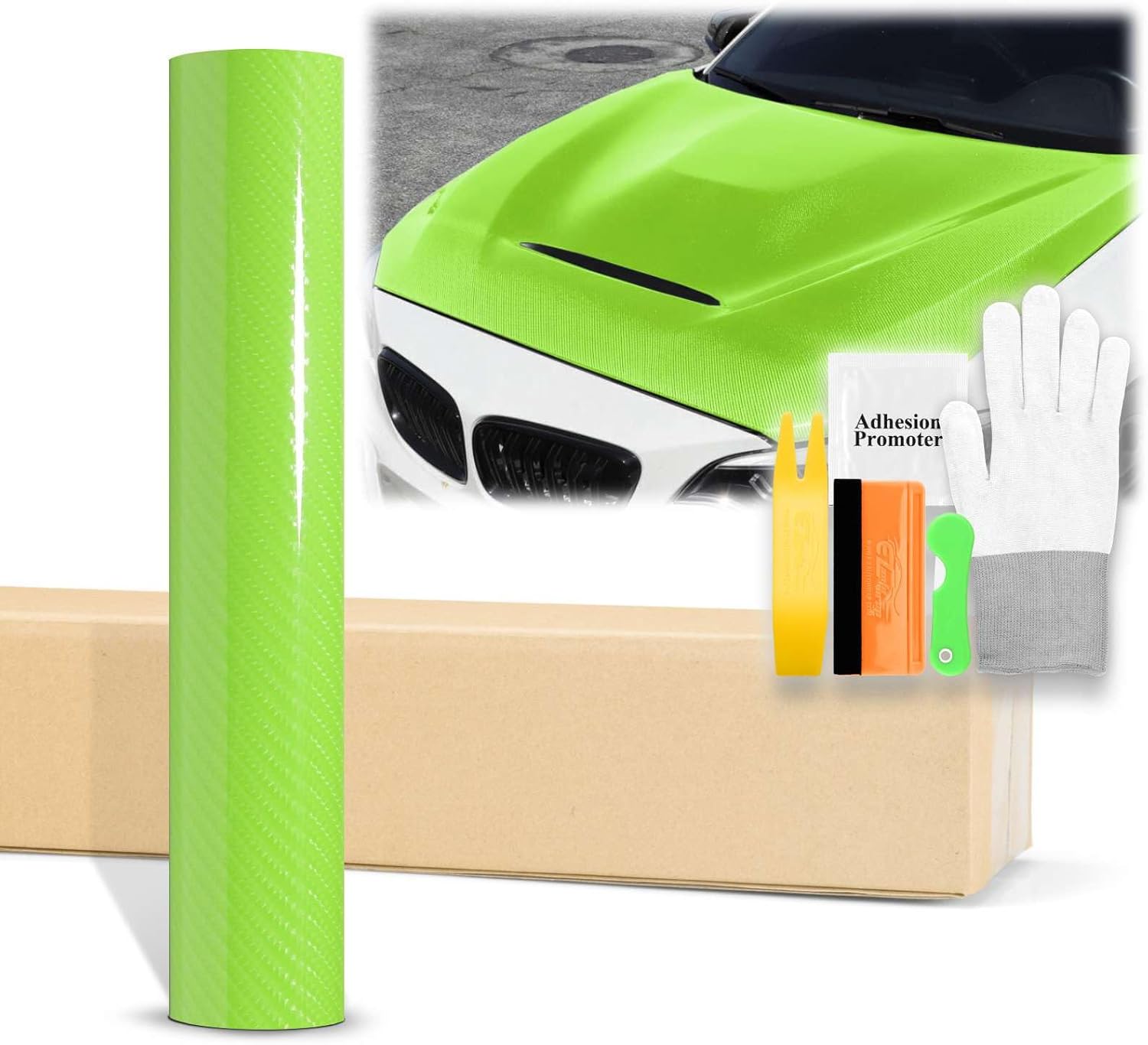 60"x96" (5FTx8FT) 7D Carbon Fiber Textured Green High Gloss Vinyl Wrap Auto Car Sticker Decal Film Sheet Bubble Free Air Release Technology with Tool Kit