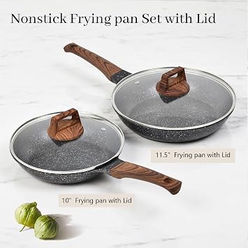 Nonstick Frying Pans Set with Lid, 10 In 11.5 In Aluminum Granite Coating Chef's Pan, Non Stick Flat Skillet Set with Glass Cover, Cookware Set Suitable for Gas Stove, Induction Glass Top