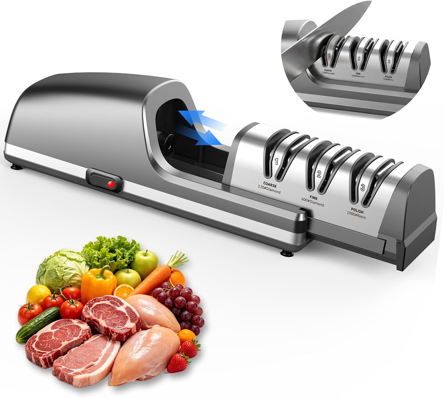 Electric Knife Sharpener with 3-Stage Diamond System, 15° Angle Guide, Detachable Sharpening Head & Suction Base, Kitchen Knife Sharpener for Chef Knives, Santoku Knives & Straight Edge Knives