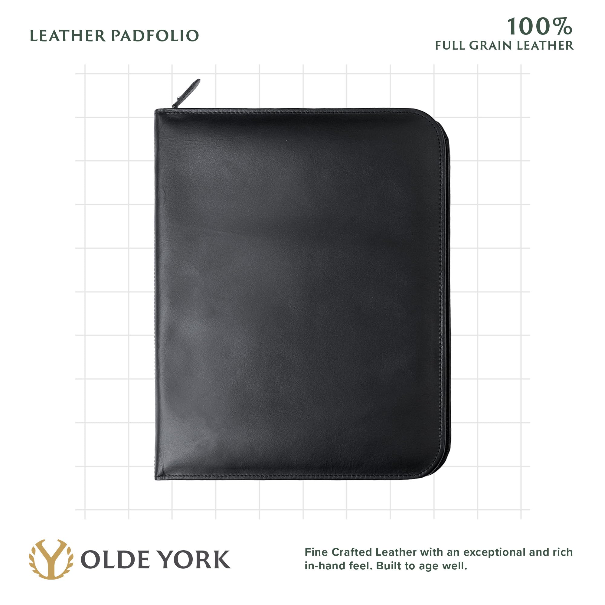 OLDE YORK Portafolio de cuero — Portafolio de cuero para hombres, padfolio para hombre — 100% cuero auténtico de grano superior [cuero negro]