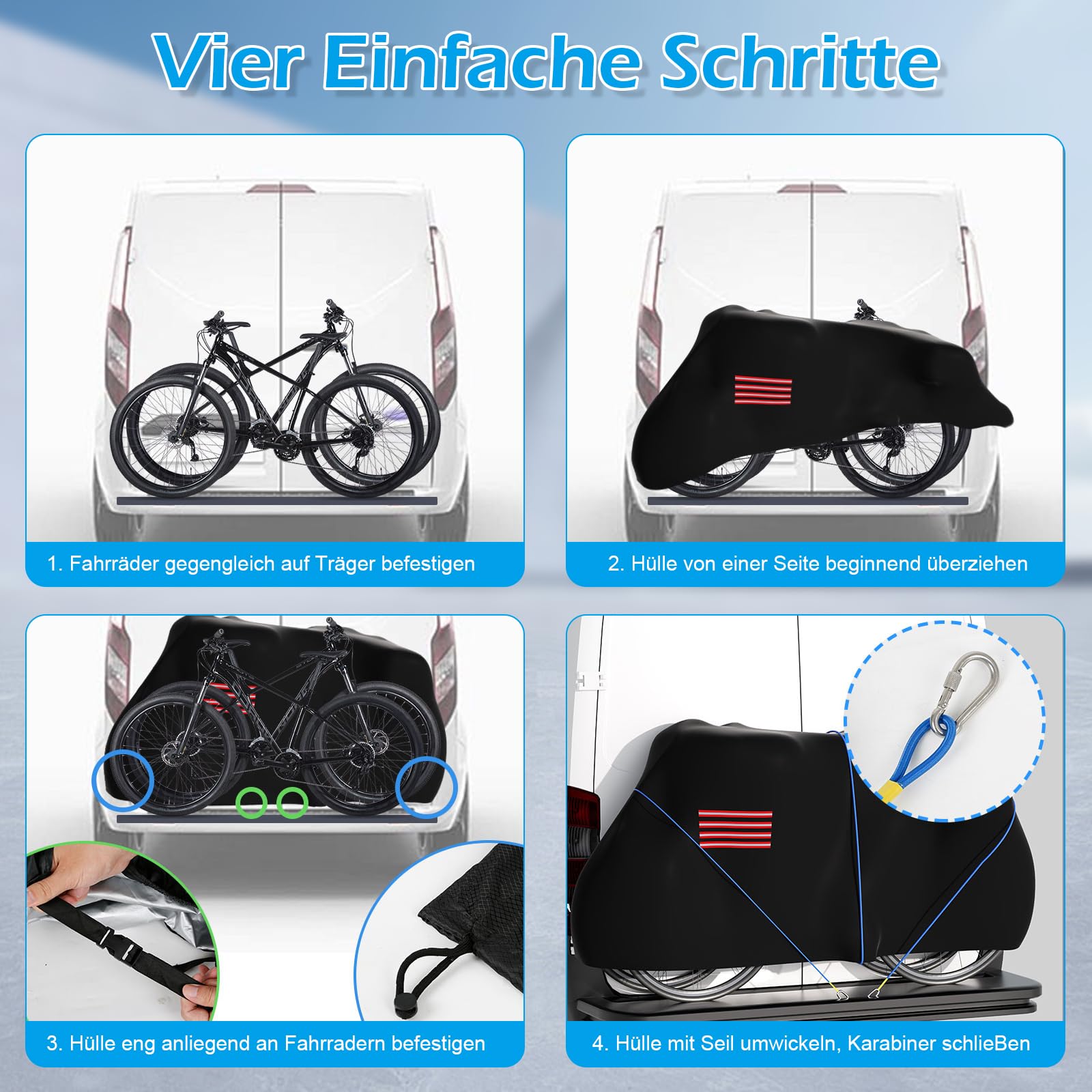 Housse de vélo pour transport de 2 vélos, housse de vélo 600D imperméable pour porte-vélos arrière avec corde de 6 m et bandes réfléchissantes, extérieur 200 x 110 x 85 cm, résistant à la