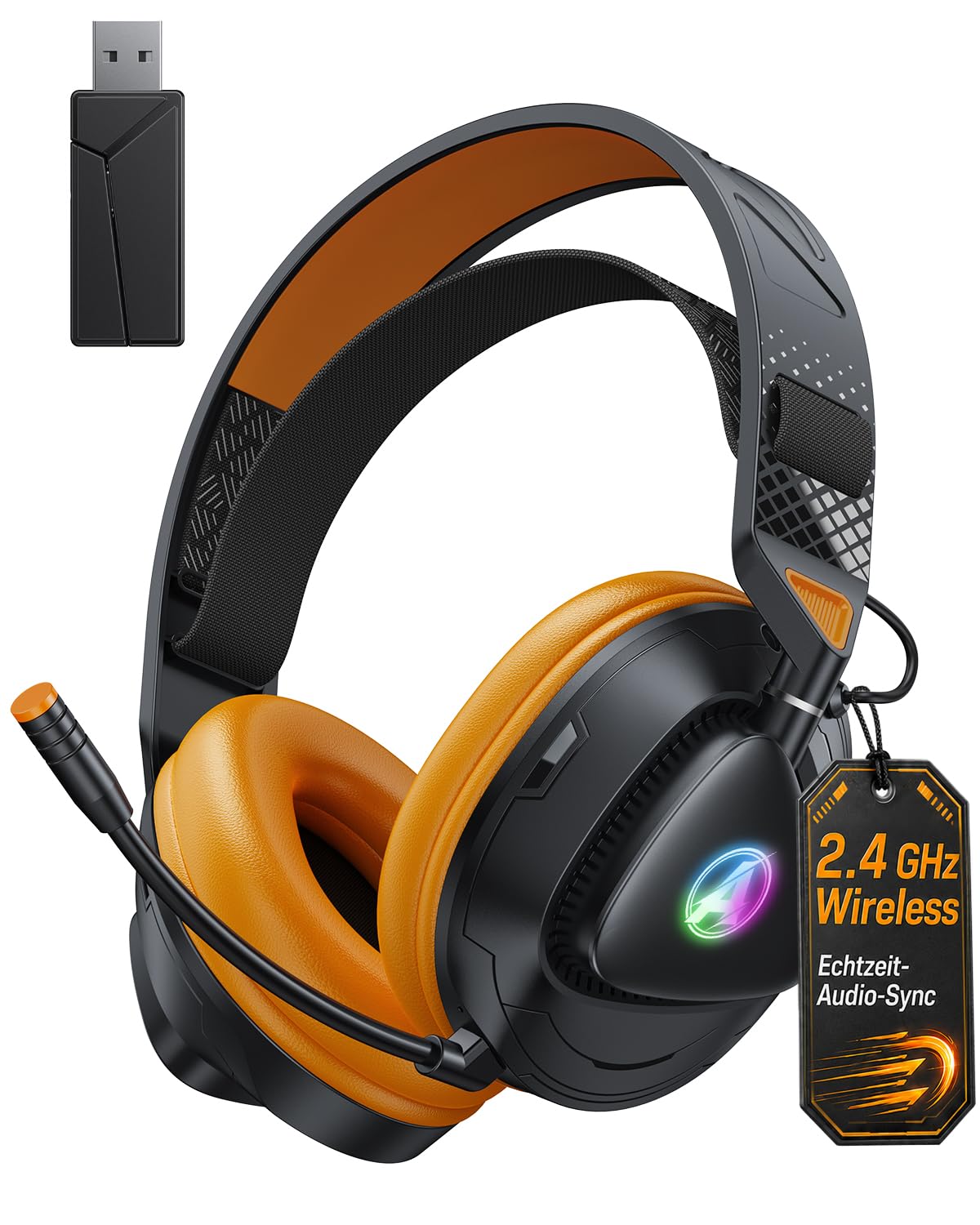 Awinnasey PH3 Kabelloses Gaming Headset für PS5, PS4, PC | Bluetooth-Kopfhörer mit 50 Stunden Akku, Gaming-Headset mit Mikrofon mit Geräuschunterdrückung,RGB Licht, Hellorange