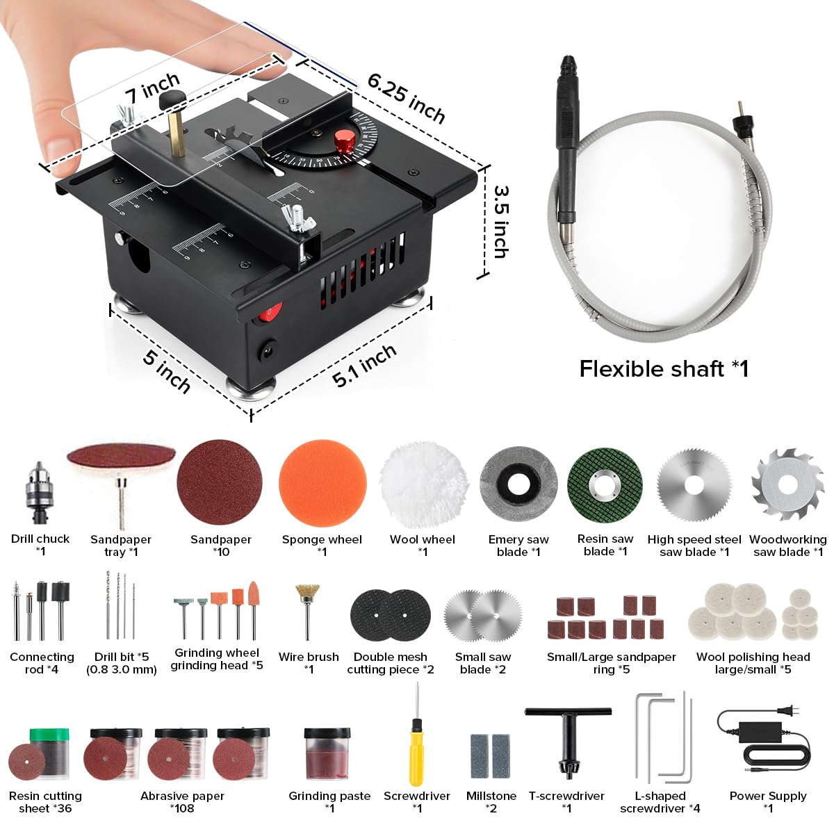 Mini sierra de mesa multifuncional, sierras de mesa pequeñas para manualidades, mini sierra eléctrica portátil de escritorio para cortar madera, velocidad y ángulo ajustables con más accesorios, para