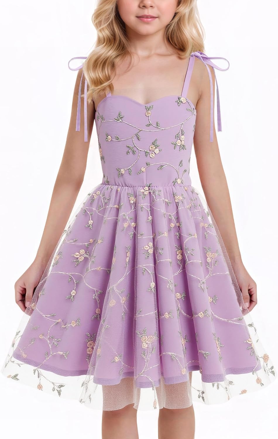 Happy Cherry Flower Girl Tie Strap Floral Tulle Dress Sweatheart Neck Embroidery Lace Mesh Sundress 4-10Y