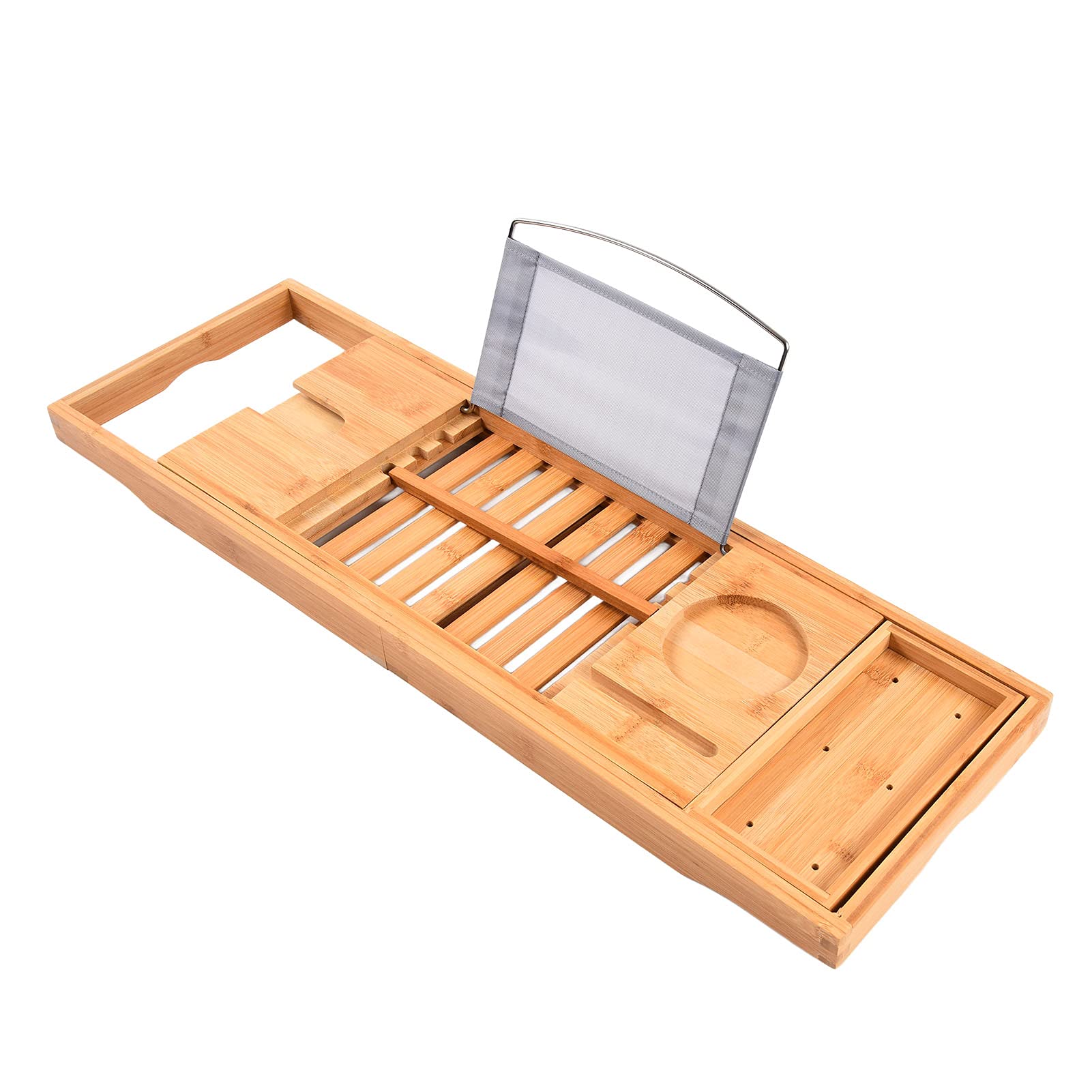 Cocoarm Bandeja de Baño, Bandeja de bambú para Bañera, Soporte de Baño Retráctil de 69,5x22,5 Cm con Soporte para Libros y Tabletas, Ranura para Copa de Vino para Uso en el Hogar, Hotel, SPA