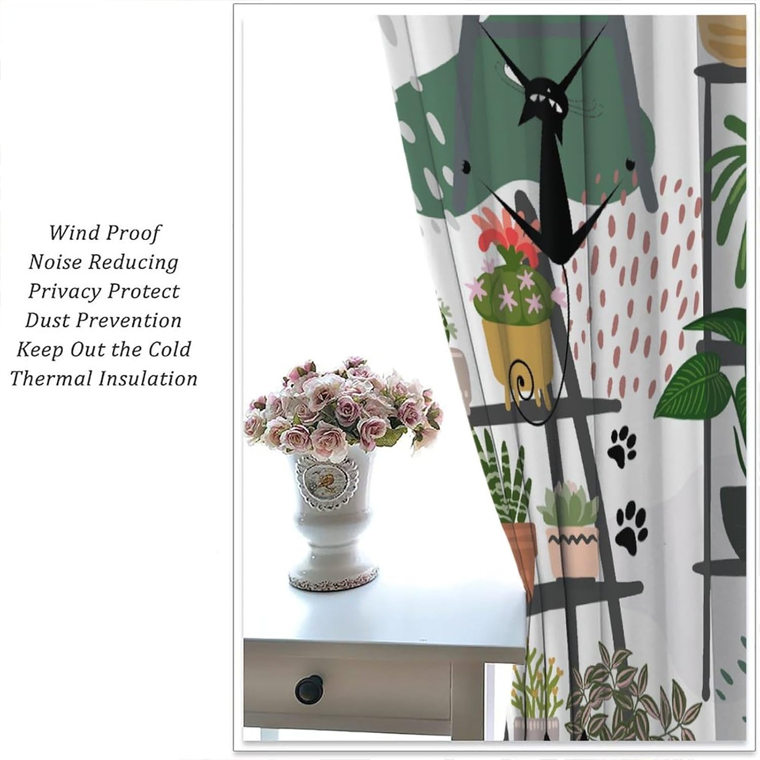 Potted Plant Curtains Greenhouse Tropical Plant Leaves Fleshy Naughty Black Cat Boho Flowers Cactus Garden Pattern Printed Curtains Bedroom Living Room Decoration Blackout Curtains W72 * L63inch