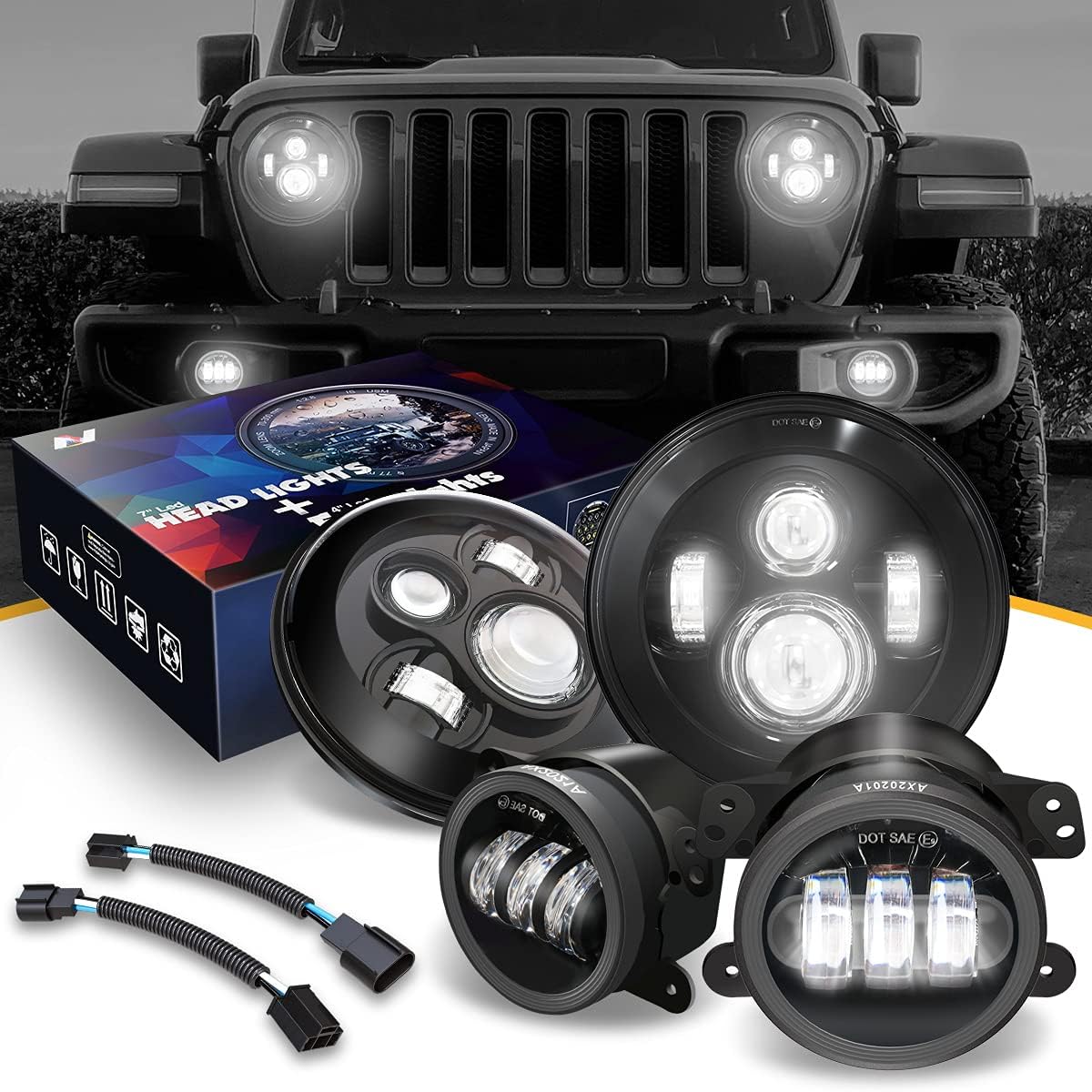 7 Inches LED Projector Headlight High Low Beam + 4 Inches LED Fog Lights With Halo Ring Compatible with 07-17 Wrangler DOT Approved, NVL-HL+FL-001