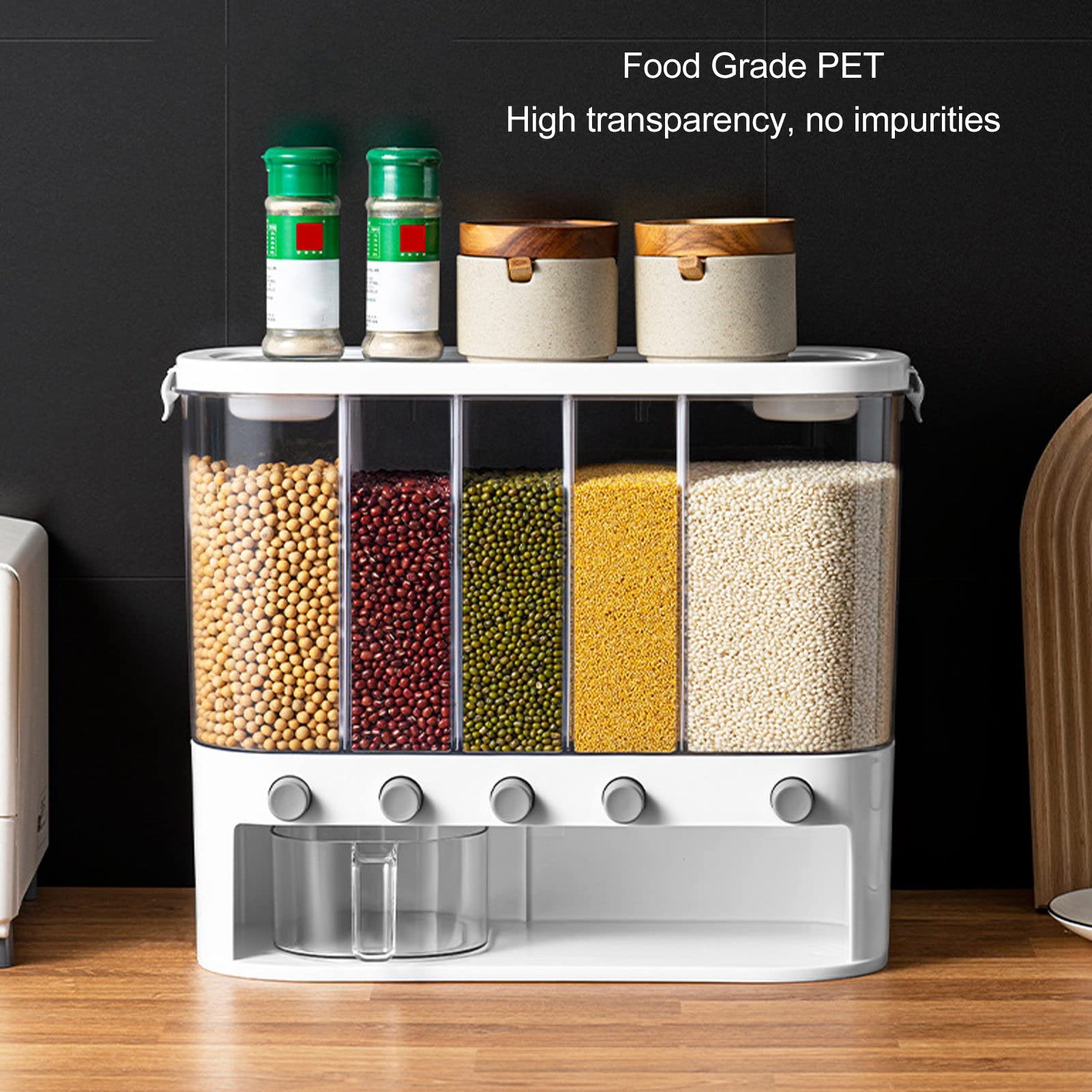 Scatola Dispenser per Cereali con Design a 5 Griglie per Conservare Facilmente i Cereali in e Dispensa, PET per Uso Alimentare, Contiene 10 Kg, 41 X 16 X 33,5 Cm