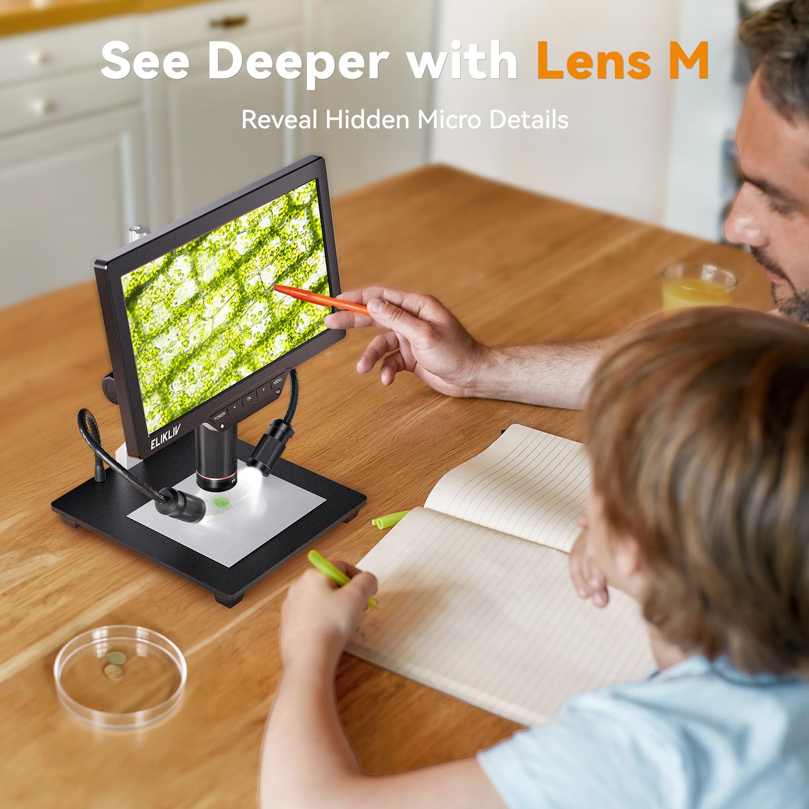 Elikliv 4K Magnetisches 3-Linsen Mikroskop: TL301 Max Münzmikroskop mit 10,1" IPS Display, Digitalmikroskop für Erwachsene, Seitenlichter, 10" Ständer, PC/TV-kompatibel, 64 GB