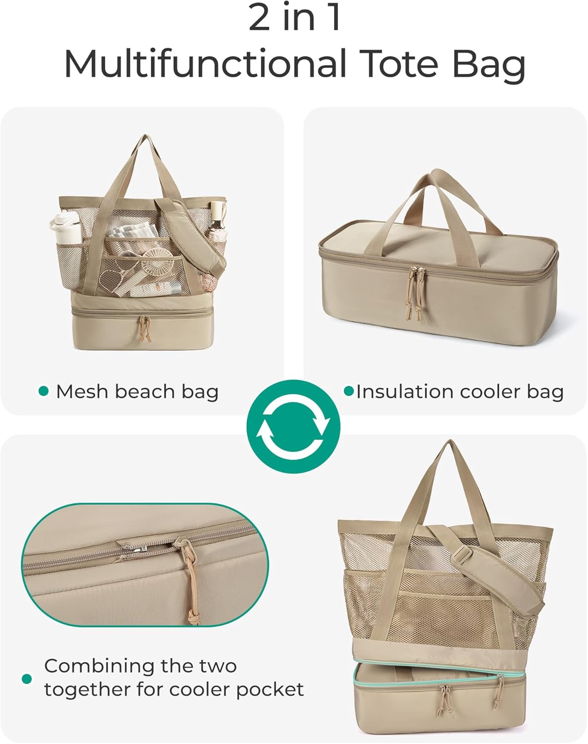 BAGSMART Beach Bag for Women, Mesh Tote Bags with Zipper, Sandproof Vacation Essentials with Cooler for Swim Cruise Pool - Image 3