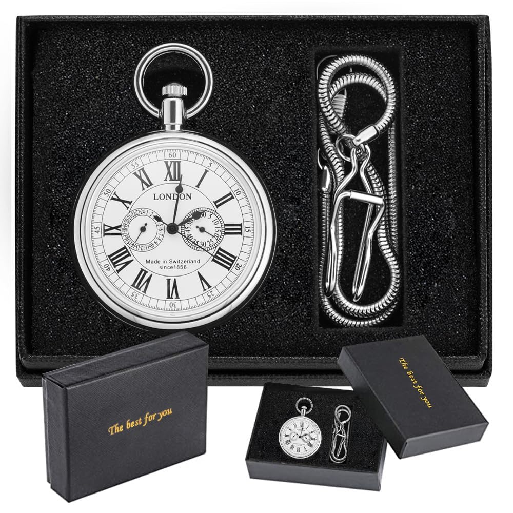 Orologio da taschino in acciaio inox, stile vintage, con disegno di treno londinese, meccanico a carica manuale, con catena