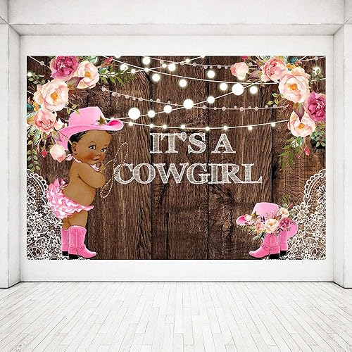 Miniatura 6 de It's a Cowgirl - Telones de fondo para fotografía de madera rústica, encaje rosa, floral, niña, cadena de luces para baby shower, botas rosas,