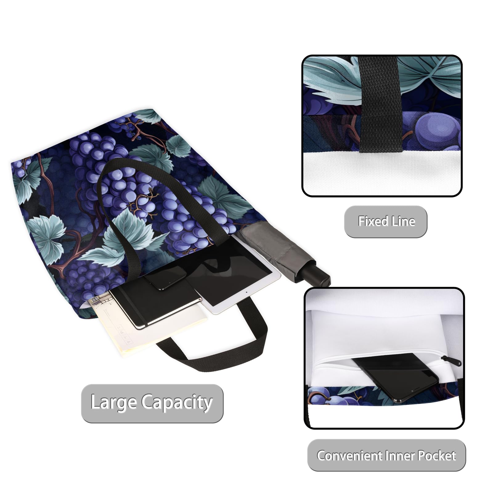 Mularoka Beautiful Watercolour Grapes Large Capacity Canvas Tote Bag Stylish Handheld Shoulder Bag Reusable Shopping Bag for Work Travel Beach Trips Shopping