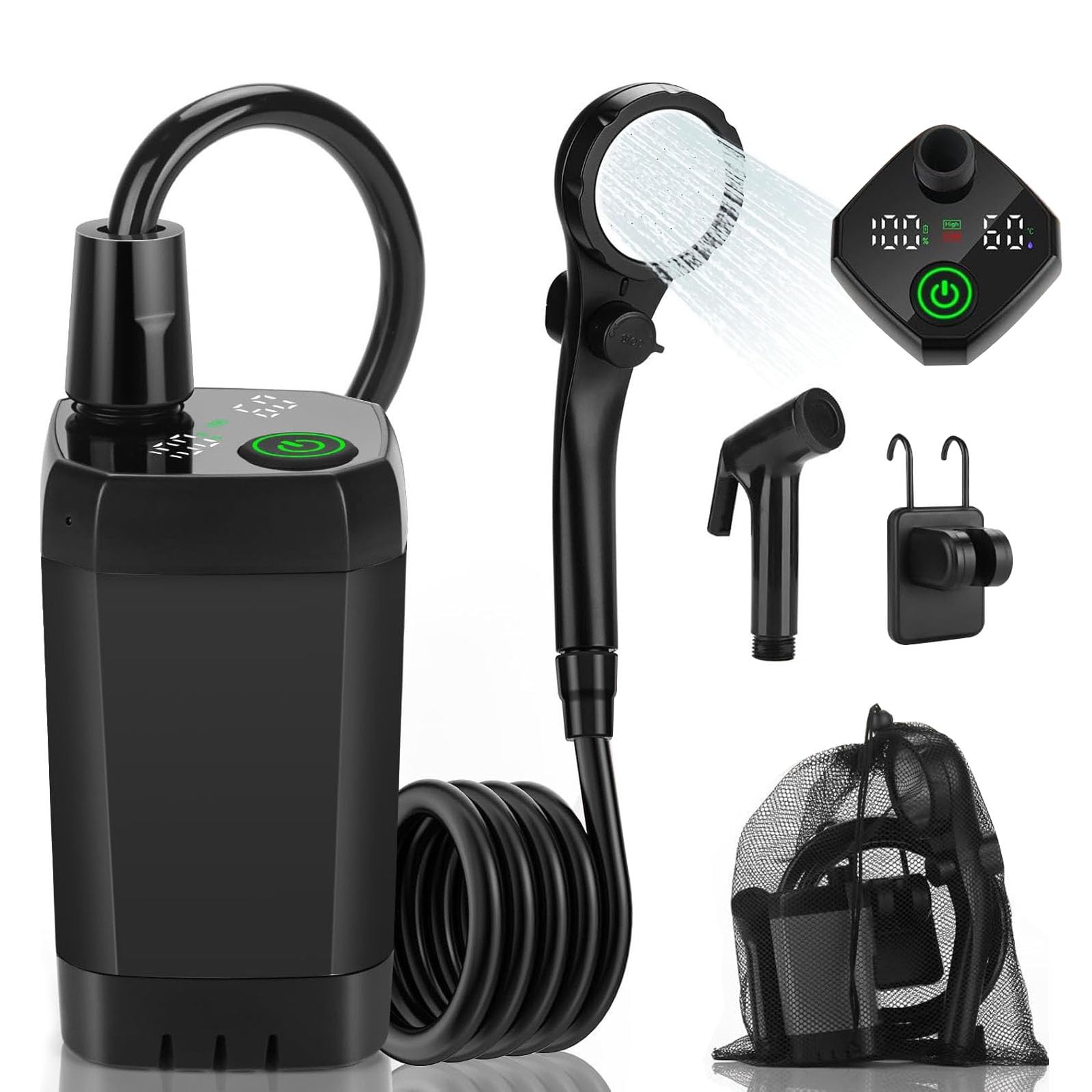 Doccia da Campeggio Portatile con Display LED – Pompa, Soffione, Impermeabilità IPX7 per Esterno, Giardino, Spiaggia, Auto, Animali