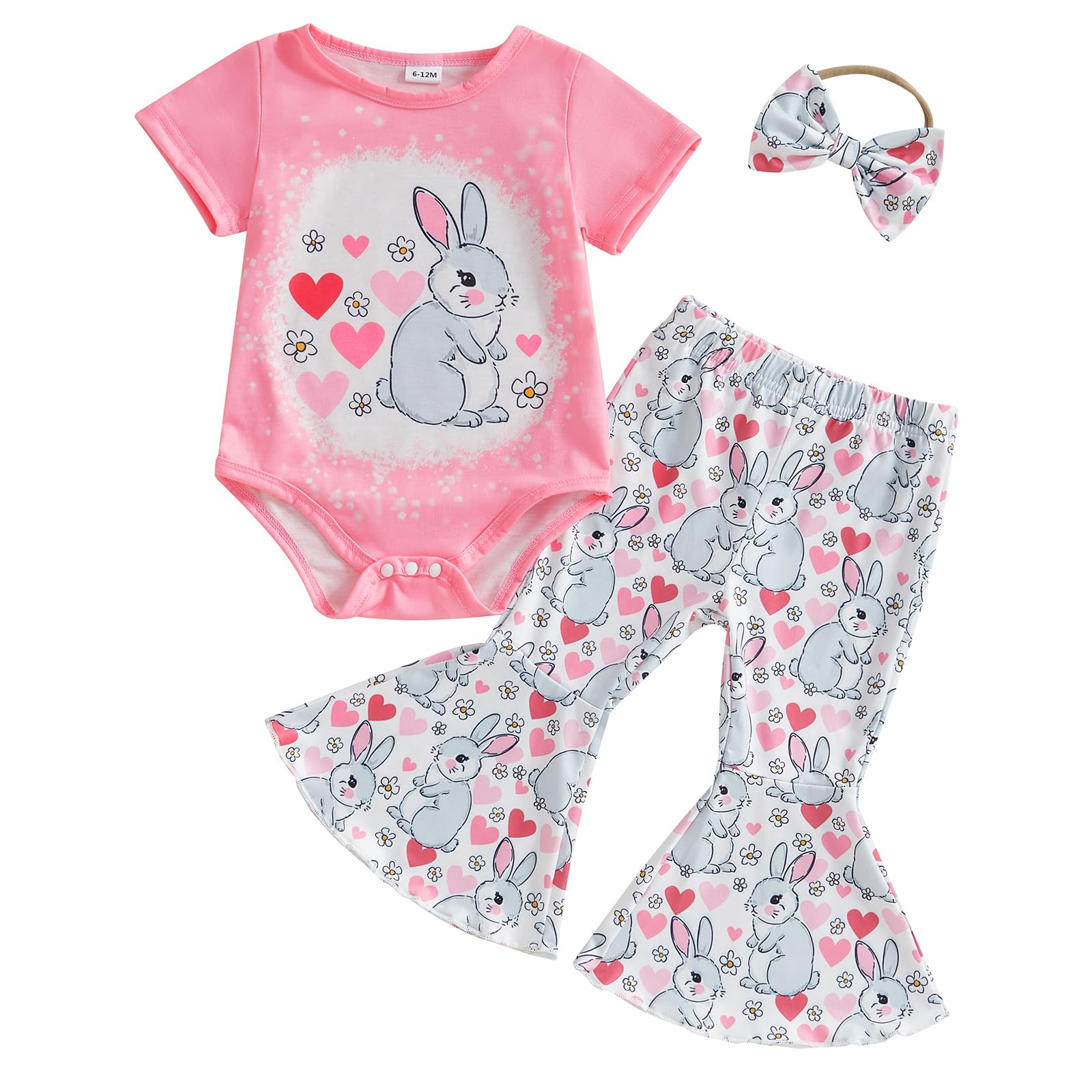 Easter Baby Girl Outfit Bunny/Carrot Short Sleeve T Shirt Flare Pants with Headband Infant Spring Clothes 0 3 6 12 18 Months (Bunny Pink, 0-3 Months)